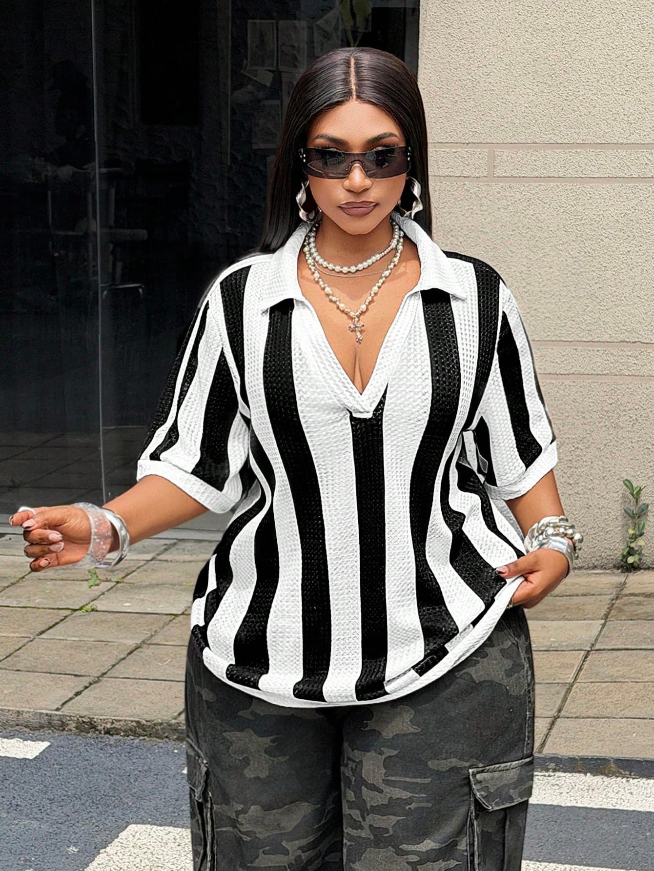 Maweii Black And White Striped Casual Loose Waffle Knit V-Neck Collared Short Sleeve Street Style Versatile Slimming Plus Size Shirt
