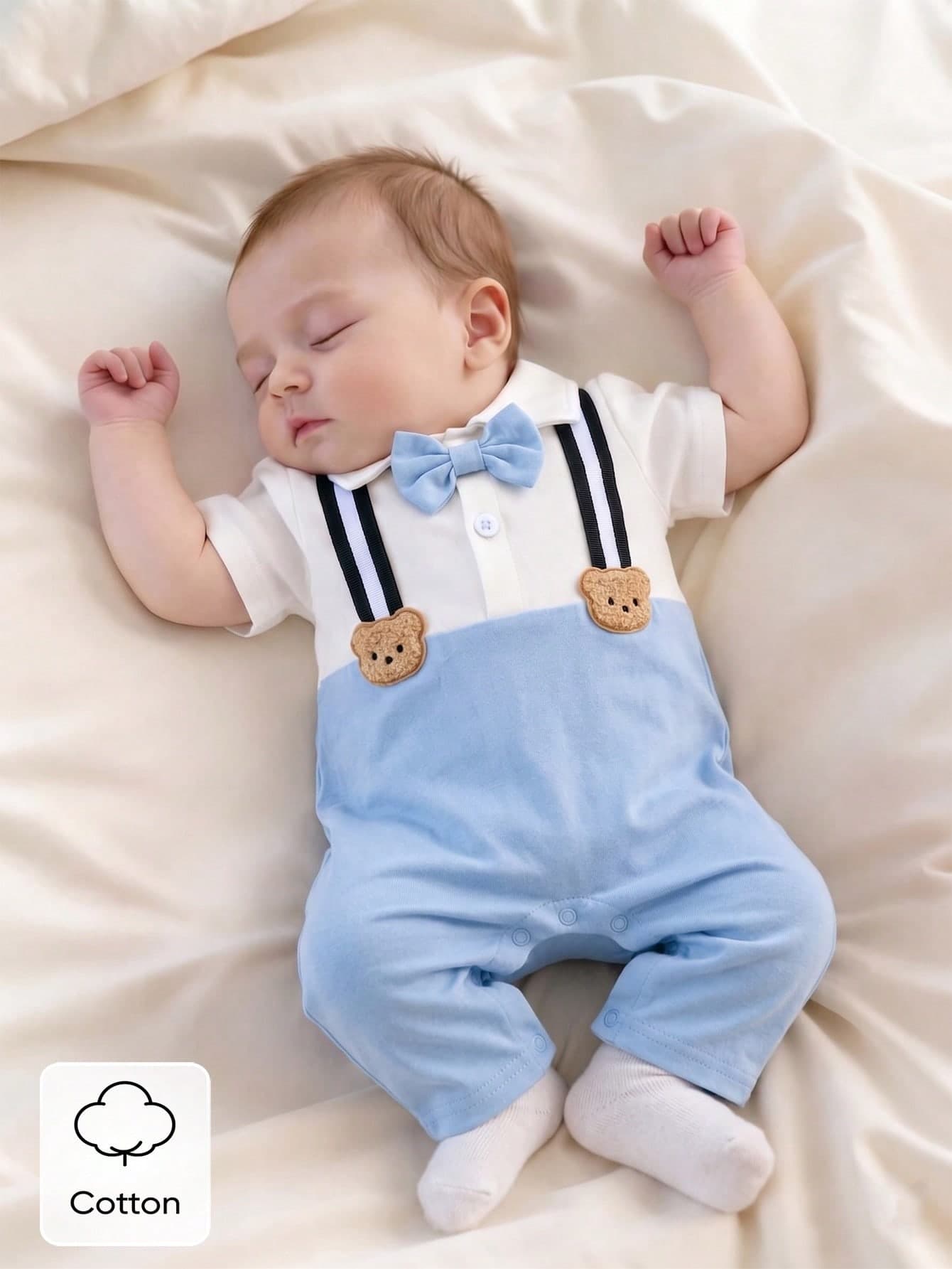 SHEIN Newborn Baby Boy Romper Black And White With Bear & Bow Tie Decor Formal Christening Baptismal Suit