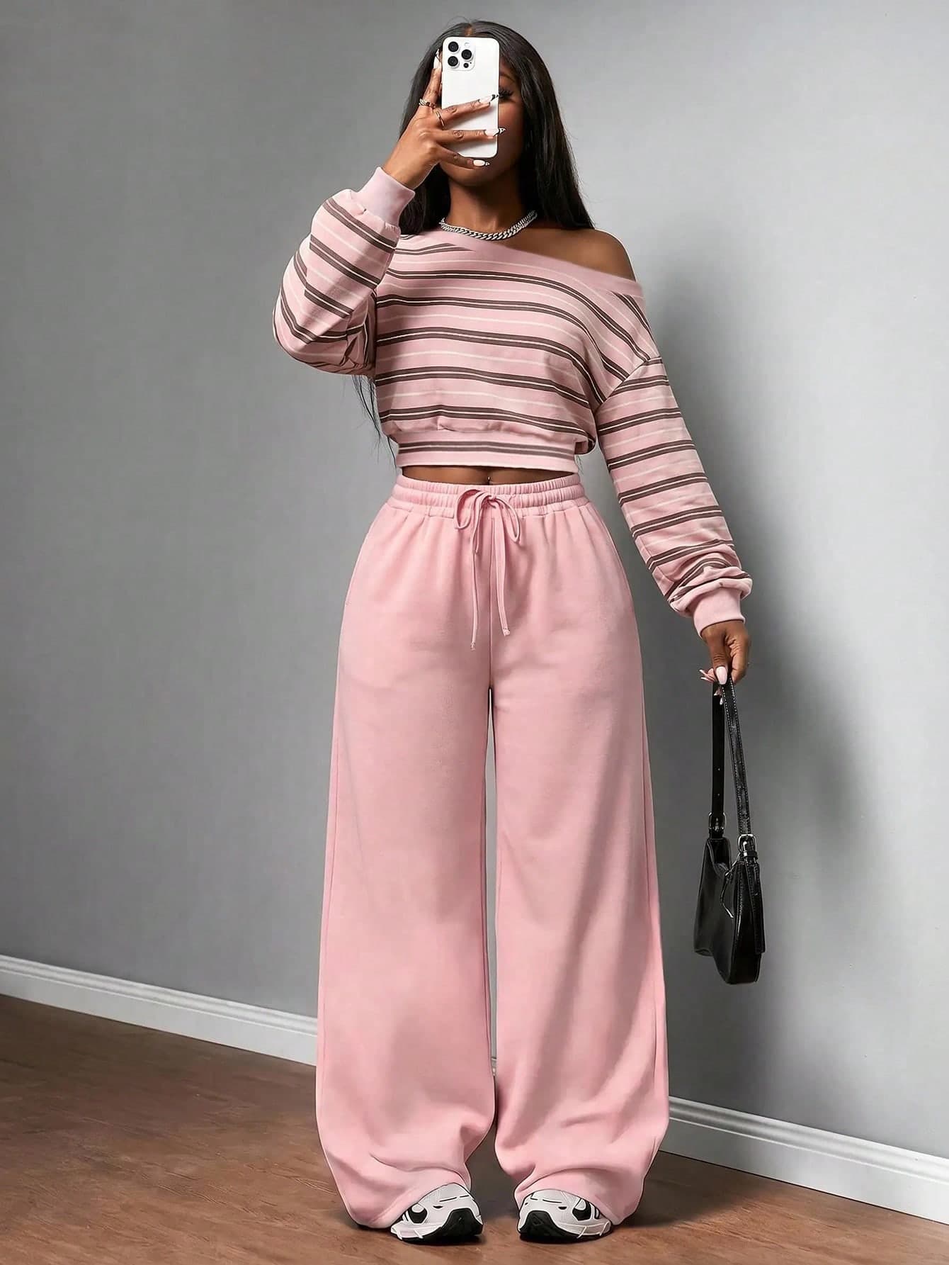 Slaydiva New Fall/Winter Women's Striped One-Shoulder Fashion Cropped Top And Drawstring Waist Loose Casual Pants 2pcs/Streetwear/Going Out/Y2k/Loungewear