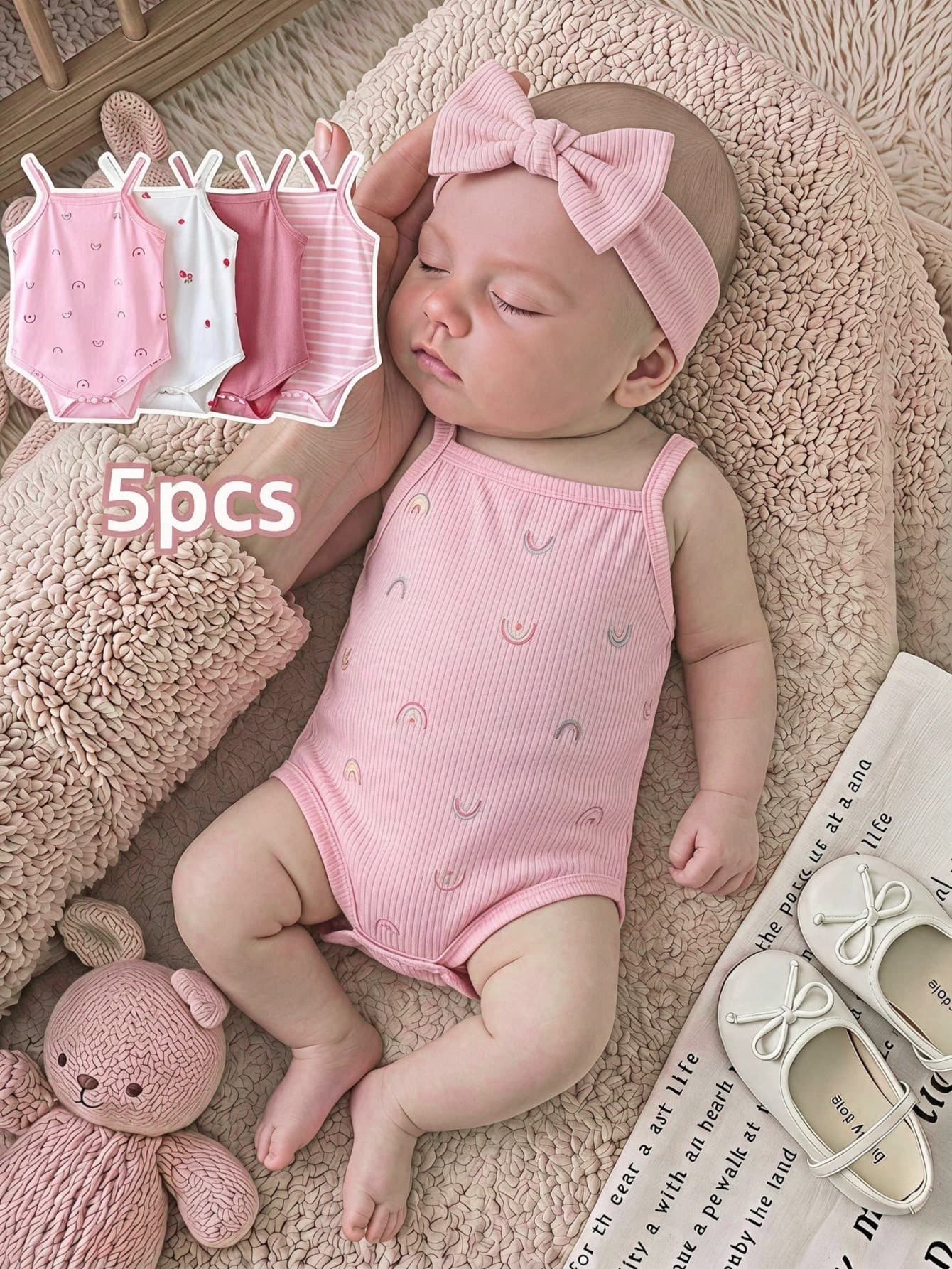 SHEIN Playful Pals 5pcs/Set Baby Girl Infant Toddler 0-3Y Casual Daily All-Match Versatile Romper Outfit, Multicolor Fruit, Rainbow, Floral, Stripe, Rib Knit Bodysuit Set