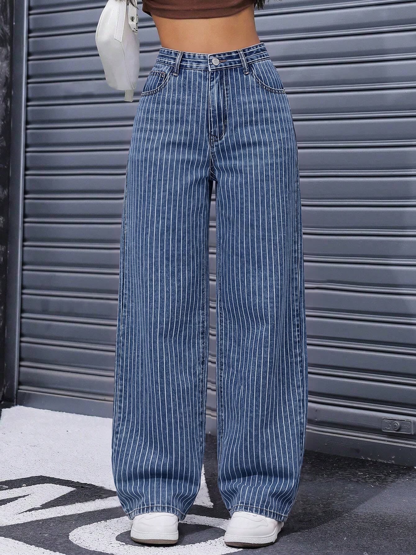 Jeanoix Women's Pocketed Button Striped Casual Versatile Daily Wear Denim Jeans