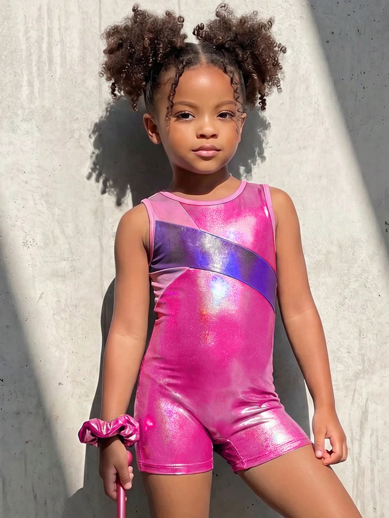 SHEIN 1 Pc Young Girls Sporty Casual Elegant Exquisite Slim Fit Comfortable Knit Pink Patchwork Purple Gradient Glossy Sleeveless Romper Suitable For Competitive Sports, Gymnastics, Dancing, Indoor Sports Training, Stage Performance, Spring, Summer