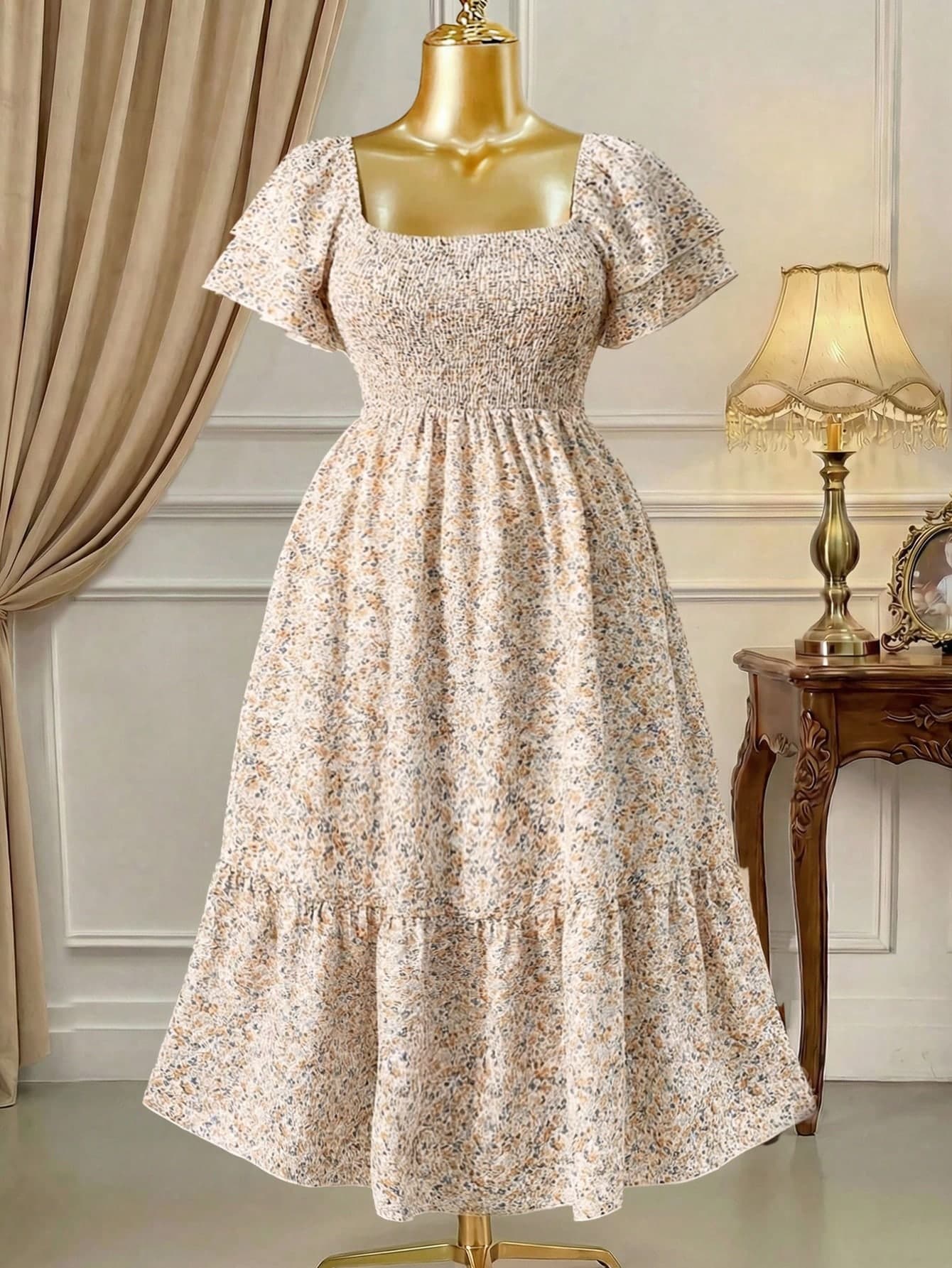 Rometta Plus Size Vacation/Leisure Ditsy Floral Print Dress With Cinched Waist Maxi Women Outfit
