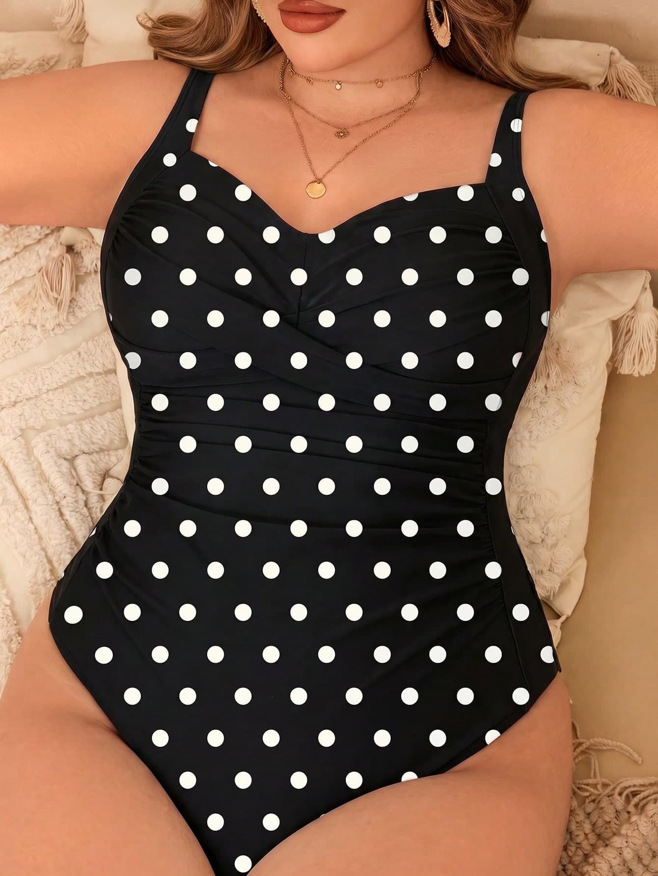Swim Lushoire 2026 New Spring/Summer Plus Size Women's One-Piece Black With White Polka Dot Random Print Spaghetti Strap Scoop Neck Push-Up Slim Fit One-Piece Swimsuit For Summer Beach Vacation
