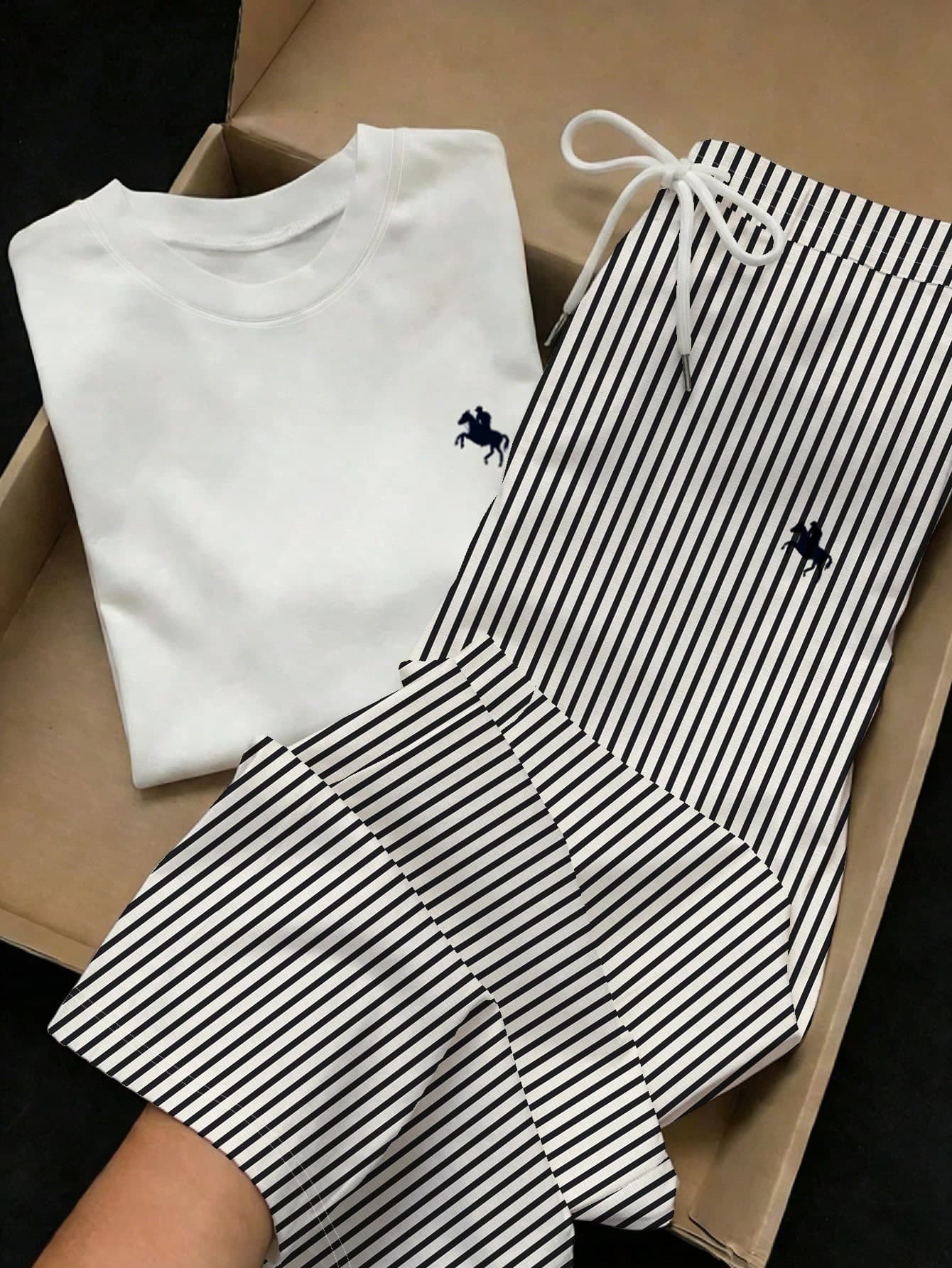 Comfortcana 2pcs Set Embroidered Round Neck Short Sleeve Top And Striped Print Pants, Casual