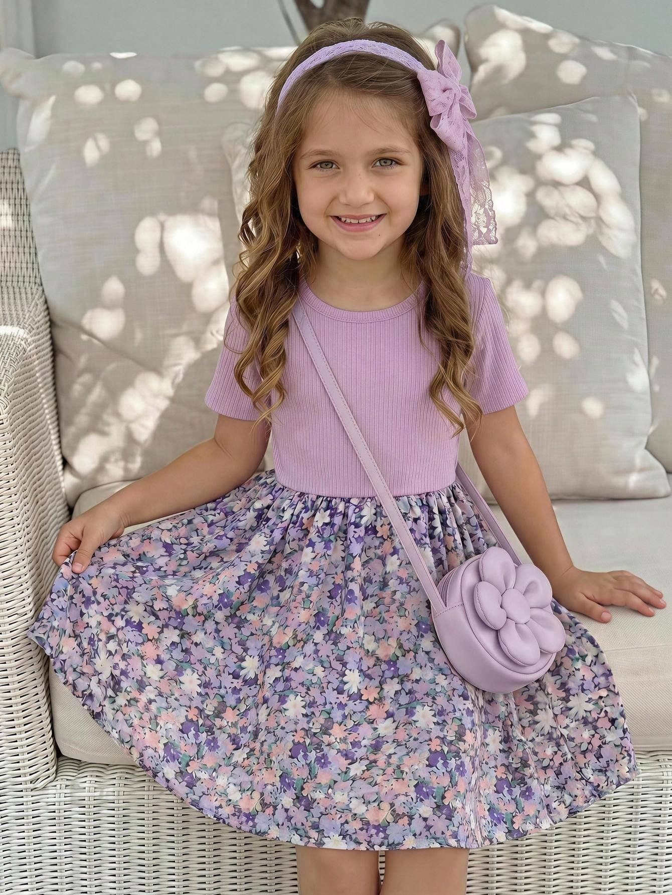 Emery Rose Kids Emery Rose Kids Young Girls Floral Print Ribbed Top Dress For Spring Casual Wear Young Girls Short Sleeve Dress With Floral Skirt For Spring And Summer Young Girls A Line Skirt Dress With Vibrant Floral Pattern, Girl-Young Girls Clothing-Young Girls Skirts Girl-Young Girls Clothing-Young Girls Sets-Young Girls Tank Top Co-Ords Girl-Young Girls Clothing-Young Girls Dresses