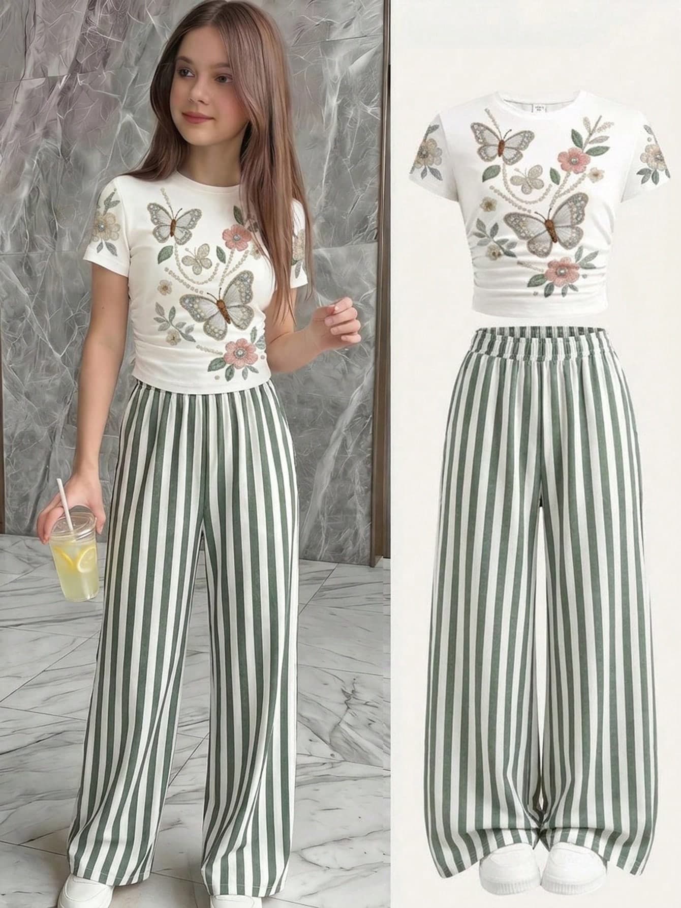 Kids Tween Girl Casual Minimalist Style Faux Texture Faux Pearl Embroidery Pattern Short Sleeve T-Shirt Paired With Striped Casual Long Pants 2pcs Set