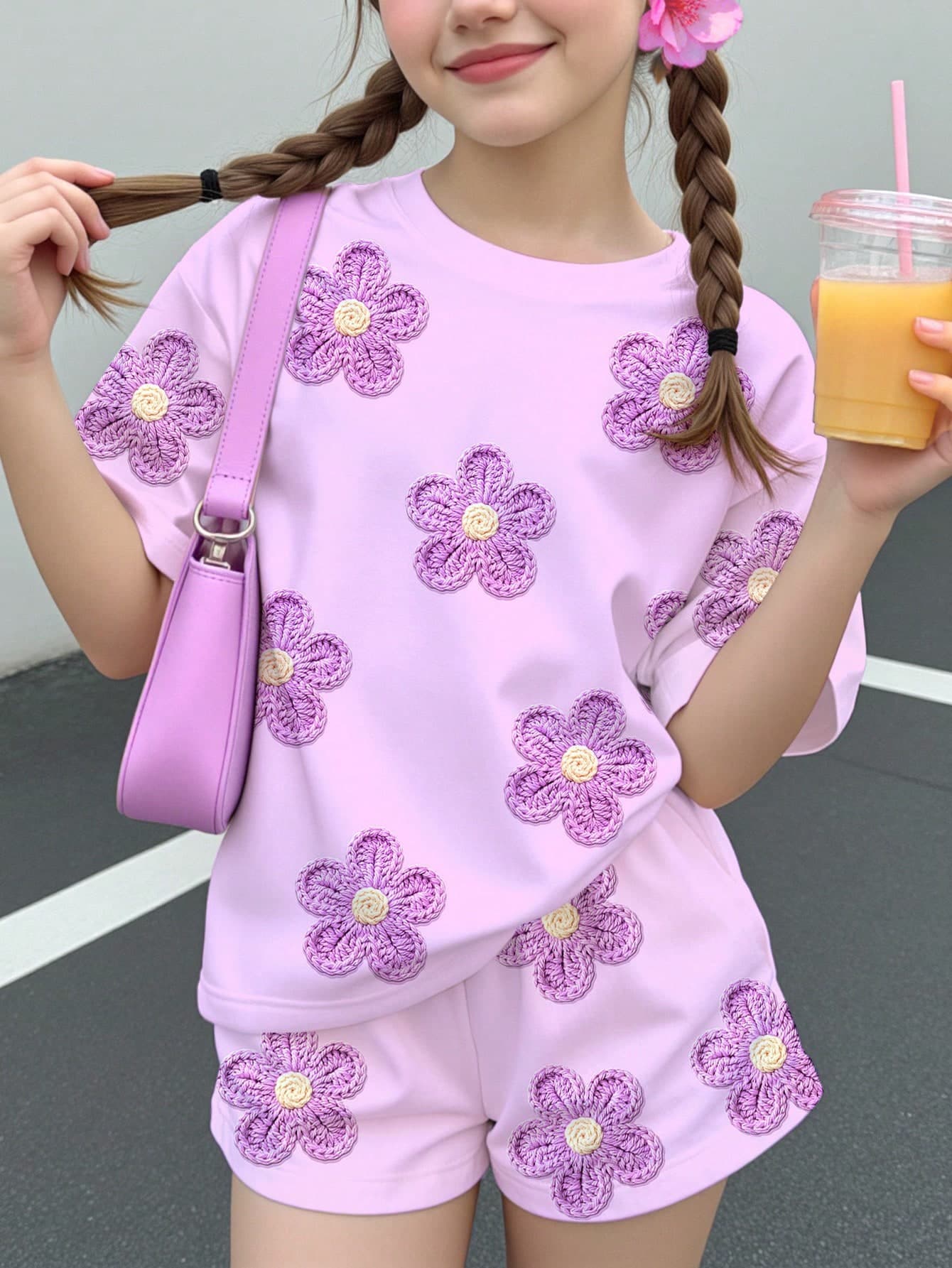 Tween Girl Casual Cute Fun Textured Ditsy Floral, Violet, Ditsy Floral Pastoral, Round Neck Short Sleeve T-Shirt Loose Shorts 2-Piece Set Suitable For Spring And Summer Graphic, Cozy, Girls Outfit Sets, Y2k, Vintage, Vacation, Polka Dot