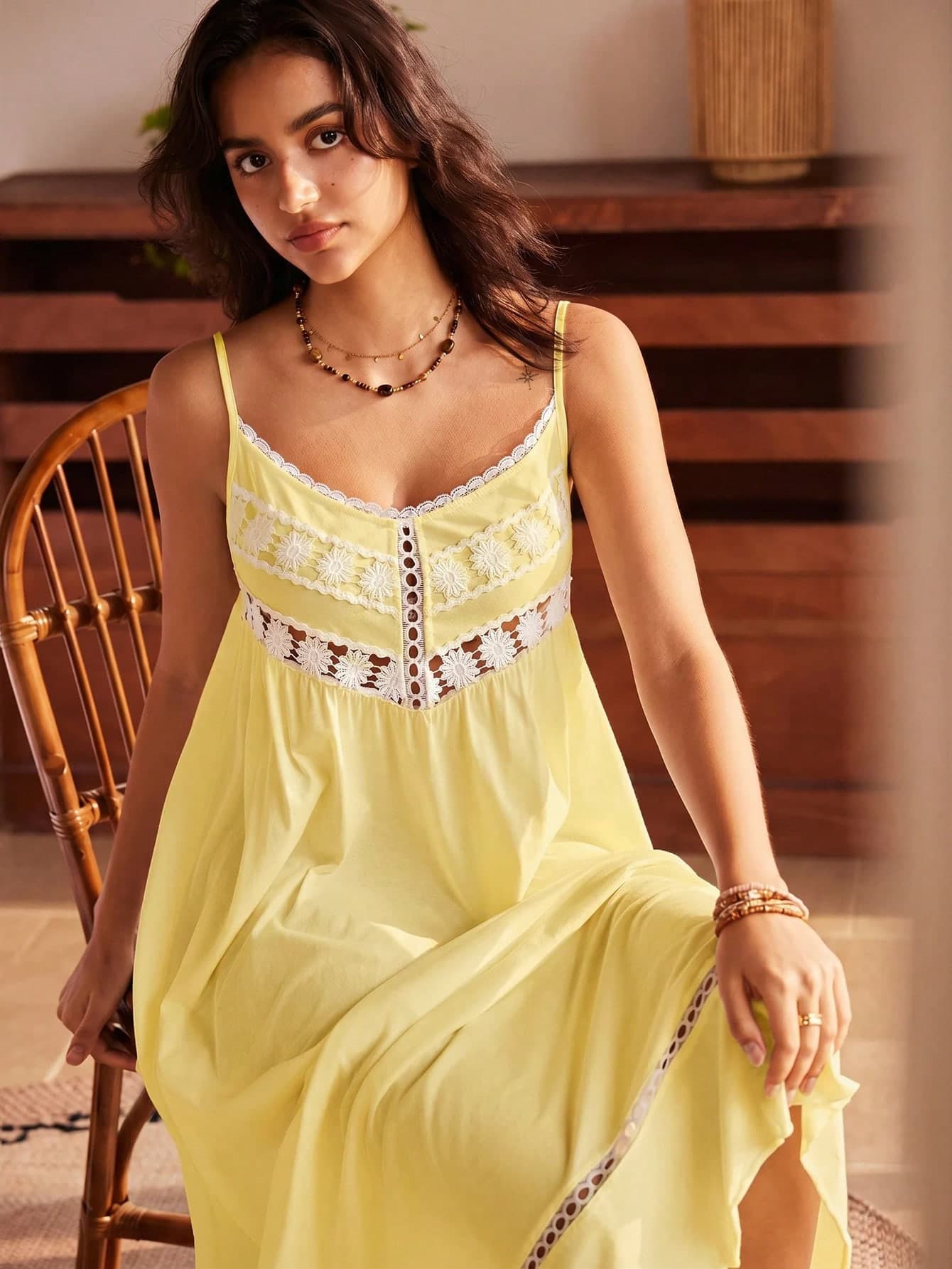 Lullawish Women's Bohemian Loose Fit Hollow Lace Patchwork Cami Nightgown
