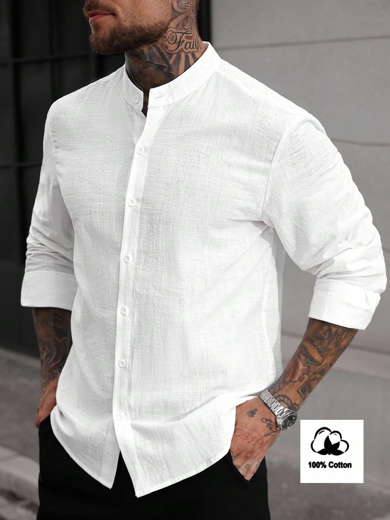 Manfinity Homme Men's Solid Color Front Button Stand Collar Casual Long Sleeve Shirt