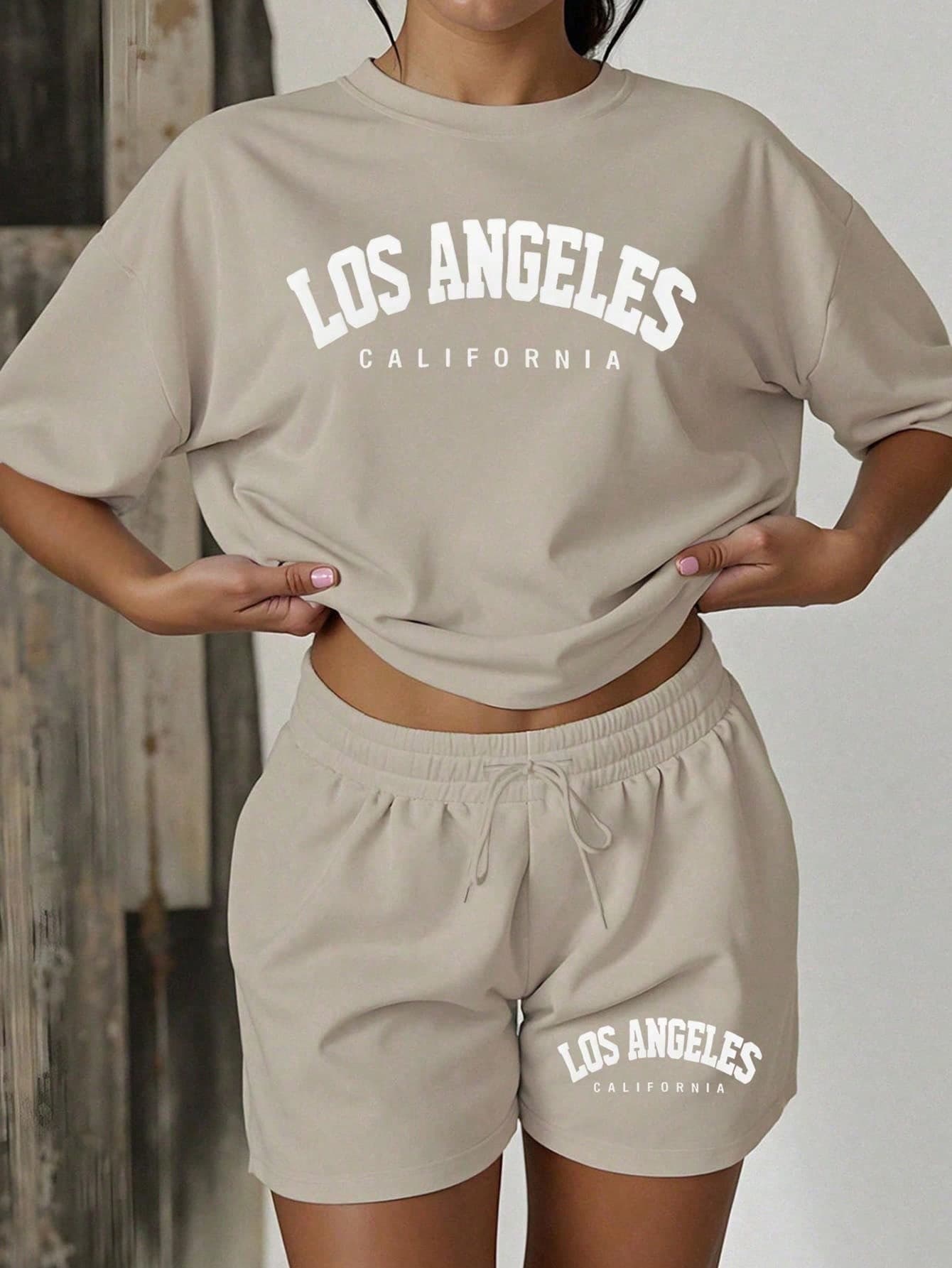 Women's Light Beige Summer Casual Streetwear Gym Back-To-School 2 Pieces Sets,Khaki Los Angeles Letter Graphic Tee And Drawstring Shorts Outfits 2026