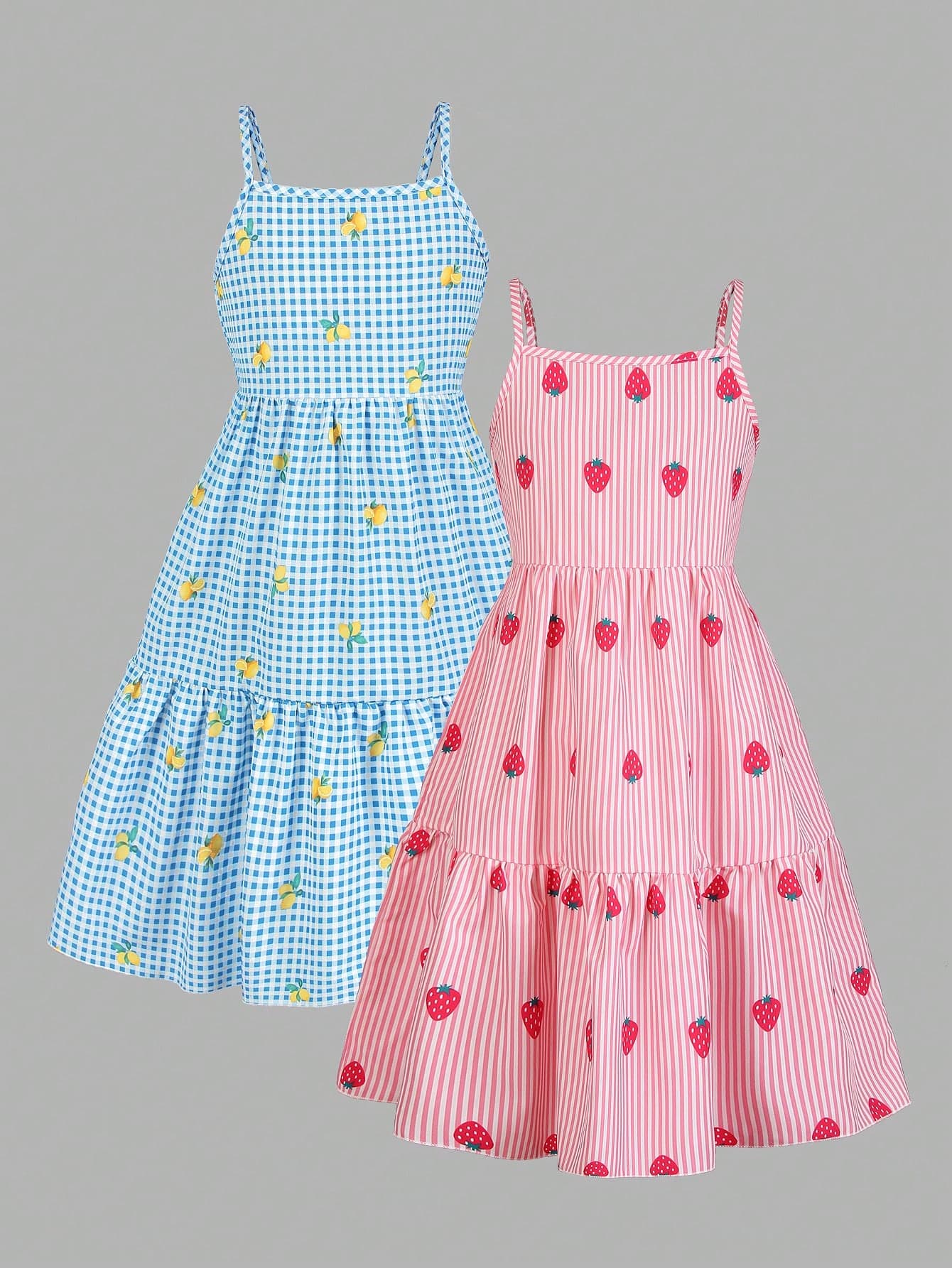 SHEIN Sparklyn Girls' Casual Cute Sweet Camisole Dress With Rose And Solid Color Combination, Suitable For Outdoor Vacation Blue Gingham Pink And White Striped