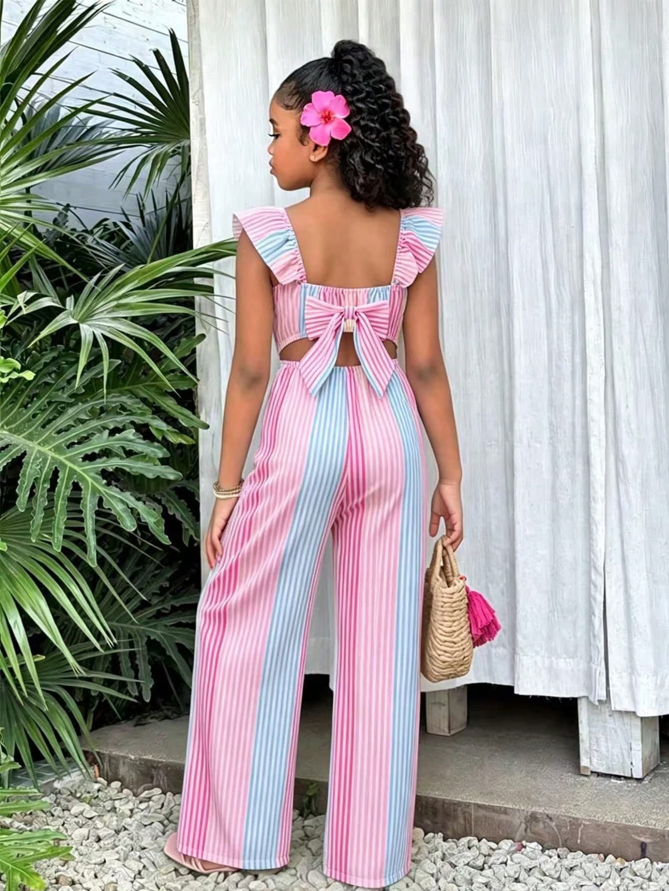SHEIN Sparklyn 1pc Girls' One-Piece Jumpsuit, Back Hollow Design, Large Bow Decoration, Spaghetti Strap Ruffle Flutter Sleeve Long Pants, Suitable For Spring/Summer Casual Wear