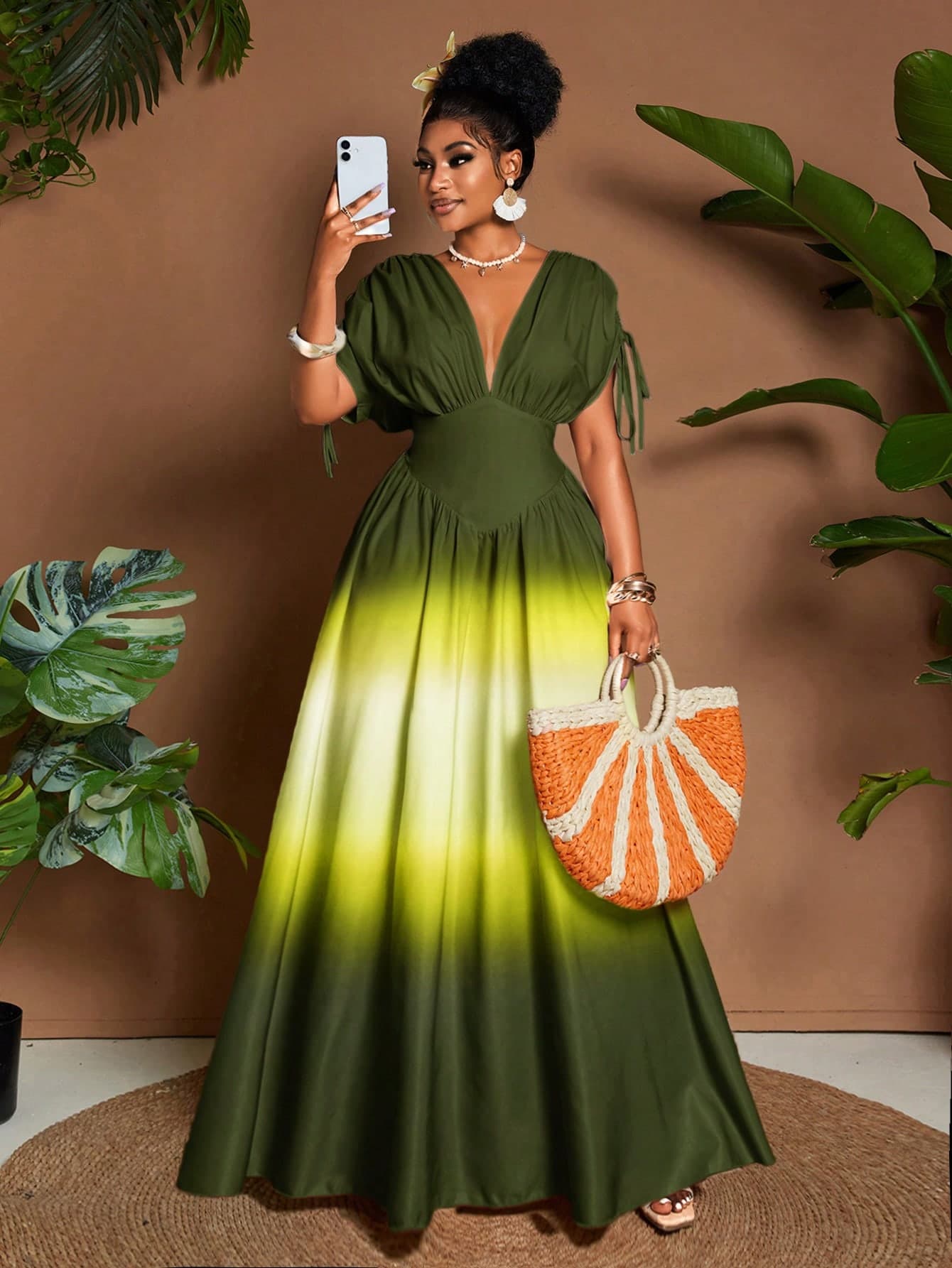 SHEIN Holidaya Women Elegant Olive Green Ombre Print V-Neck A-Line Maxi Dress,Summer Tropical Holiday Vacation,Tie Bow Elastic Waist Boho Wedding Guest Graduation