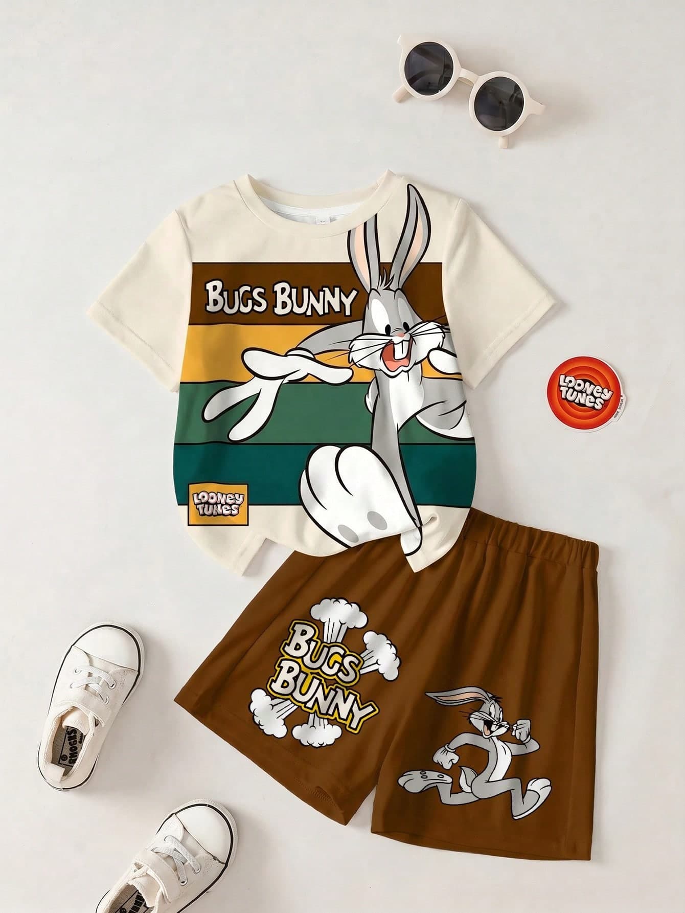 LOONEY TUNES X SHEIN Tween Boy Cartoon Print Round Neck Short Sleeve T-Shirt And Shorts Casual Daily Outfit