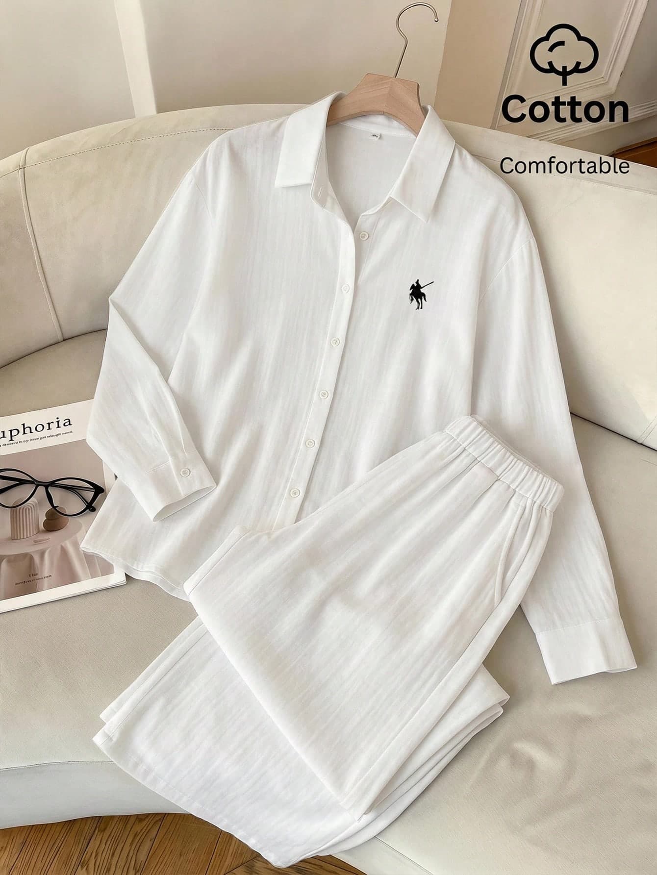 SHEIN EZwear 100% Cotton Women's White Summer Casual Lounge Suit,Woven Embroidered Knight Long Sleeve Shirt And Pants Set,Elegant Daily Street Wear For Vacation