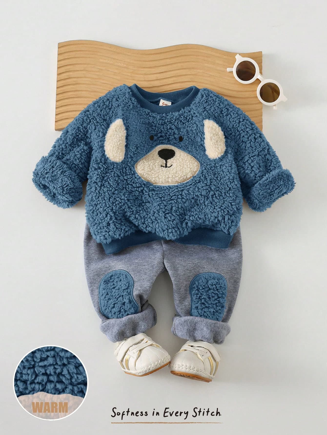 Cozy Pixies Baby Boy Cartoon Animal Puppy Pattern 3D Ears Thermal Lined Thick Contrast Color Crew Neck Long Sleeve Pullover Sweatshirt And Elastic Waist Cuffed Knee Patch Pants 2-Piece Set, Suitable For Indoor, Outdoor Casual, Skiing, Back To School, Daily, Sports, Play, Party