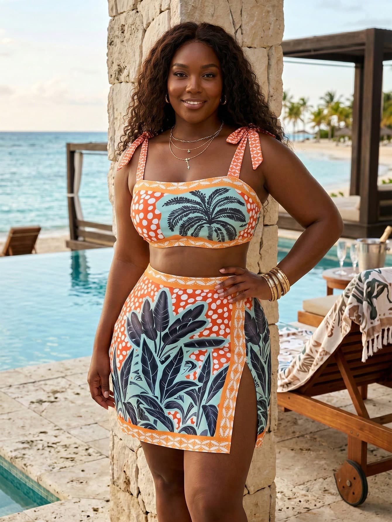 Swim Lushoire Plus Size Women 3pcs Set: Orange Palm Tree Print Camisole, Triangle Panty Cover-Up Skirt Beach Vacation Summer