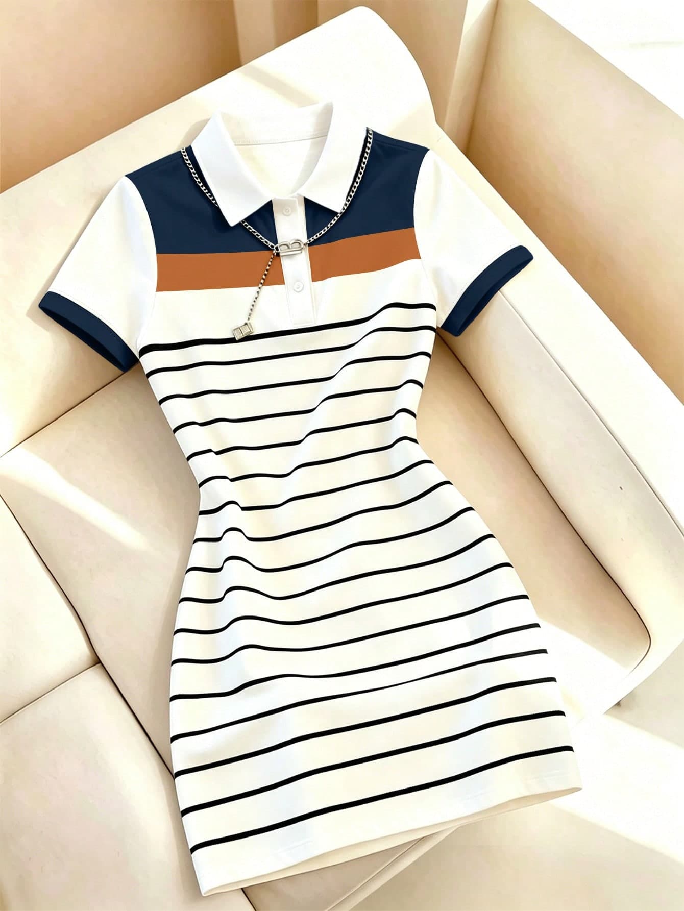 Resyla Hot-Selling New Style, Korean Casual Commuter Style Colorblock Patchwork Striped Short Sleeve Dress, Bestie Outing Campus Daily Outfit, Store Visit Date Casual Wear