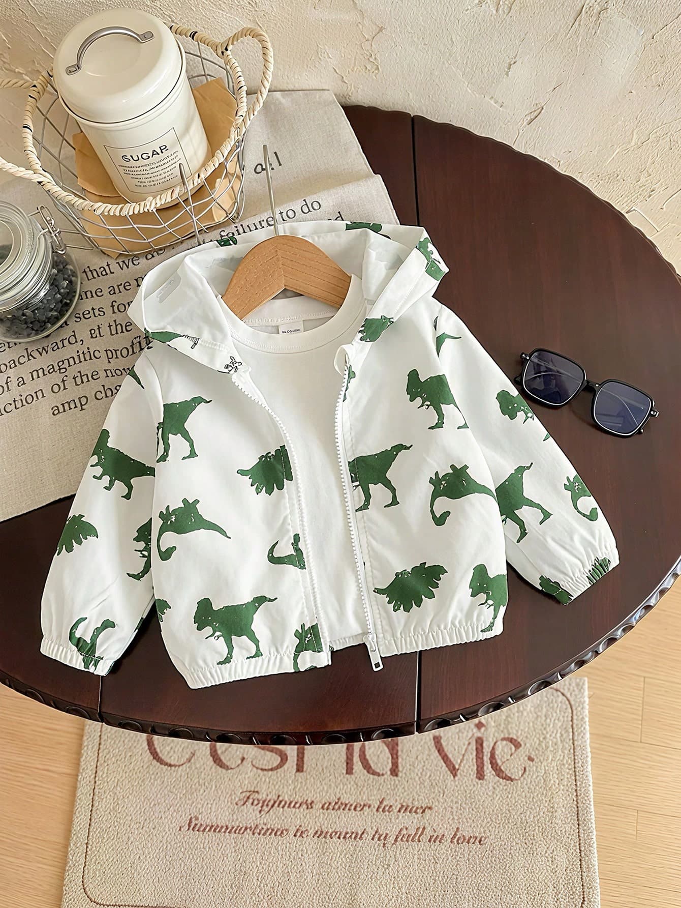 SHEIN Playful Pals Unisex Baby Green Casual Versatile Cartoon Dinosaur Animal Print Hooded Long Sleeve Jacket, Suitable For Daily Casual Wear, Also Suitable For Outings, Sports And Everyday Wear.