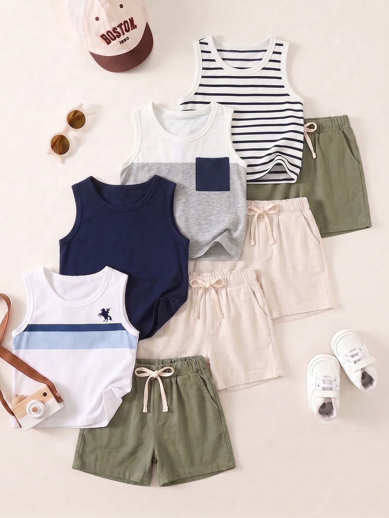 SHEIN Playful Pals Only Tops, 4pcs Round Neck Sleeveless Tank Tops, Fresh And Minimalist Style, Perfect For Summer, Straight All-Match Cut