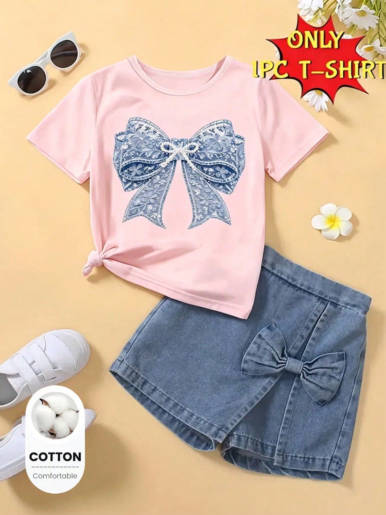 Girls' Fresh Blue & White Floral Pearl Bow Print Basic Cotton Pink Short Sleeve T-Shirt, All-Season Comfortable Daily Wear, Cute Kawaii Style