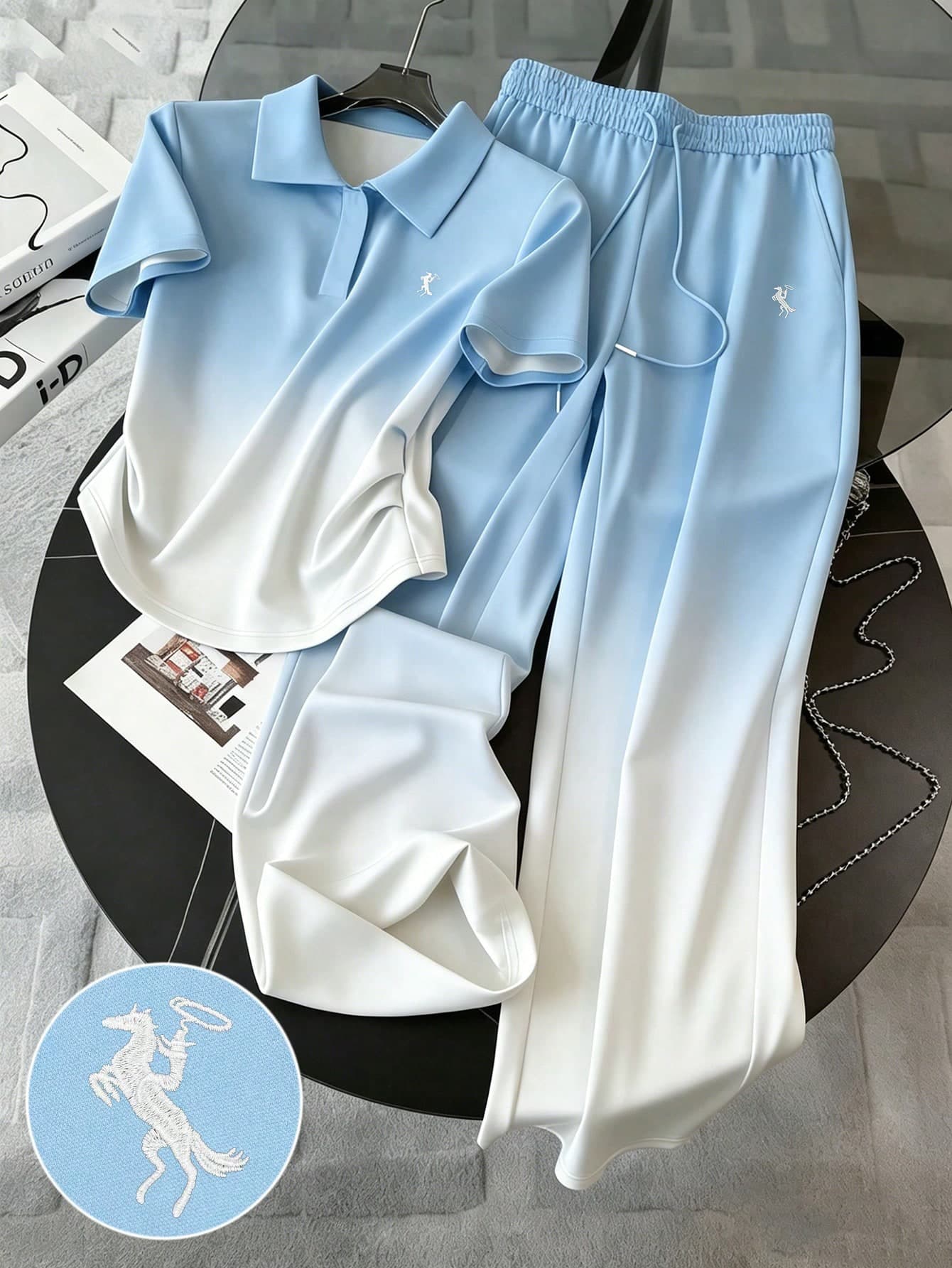 Resyla Gradient Digital Print Fashion Minimalist Women's Lapel T-Shirt + Long Pants Set, Friend's Gift
