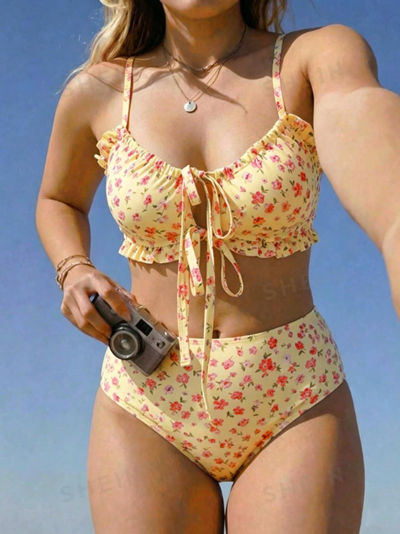 Swim Mod 2026 New Women's Spring/Summer Spaghetti Strap Tie-Front Beach Vacation Plus Size Swimsuit Set