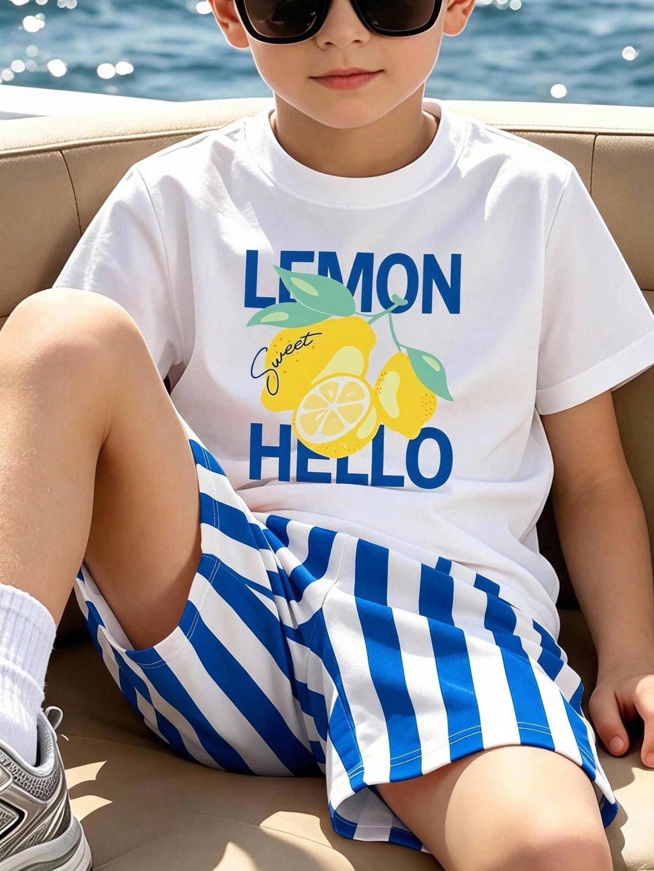 SHEIN 2pcs Tween Boy Coconut Print Short Sleeve Shirt And Solid Color Shorts Set, Suitable For Daily Casual, Vacation, Sports And Travel, Perfect For Summer