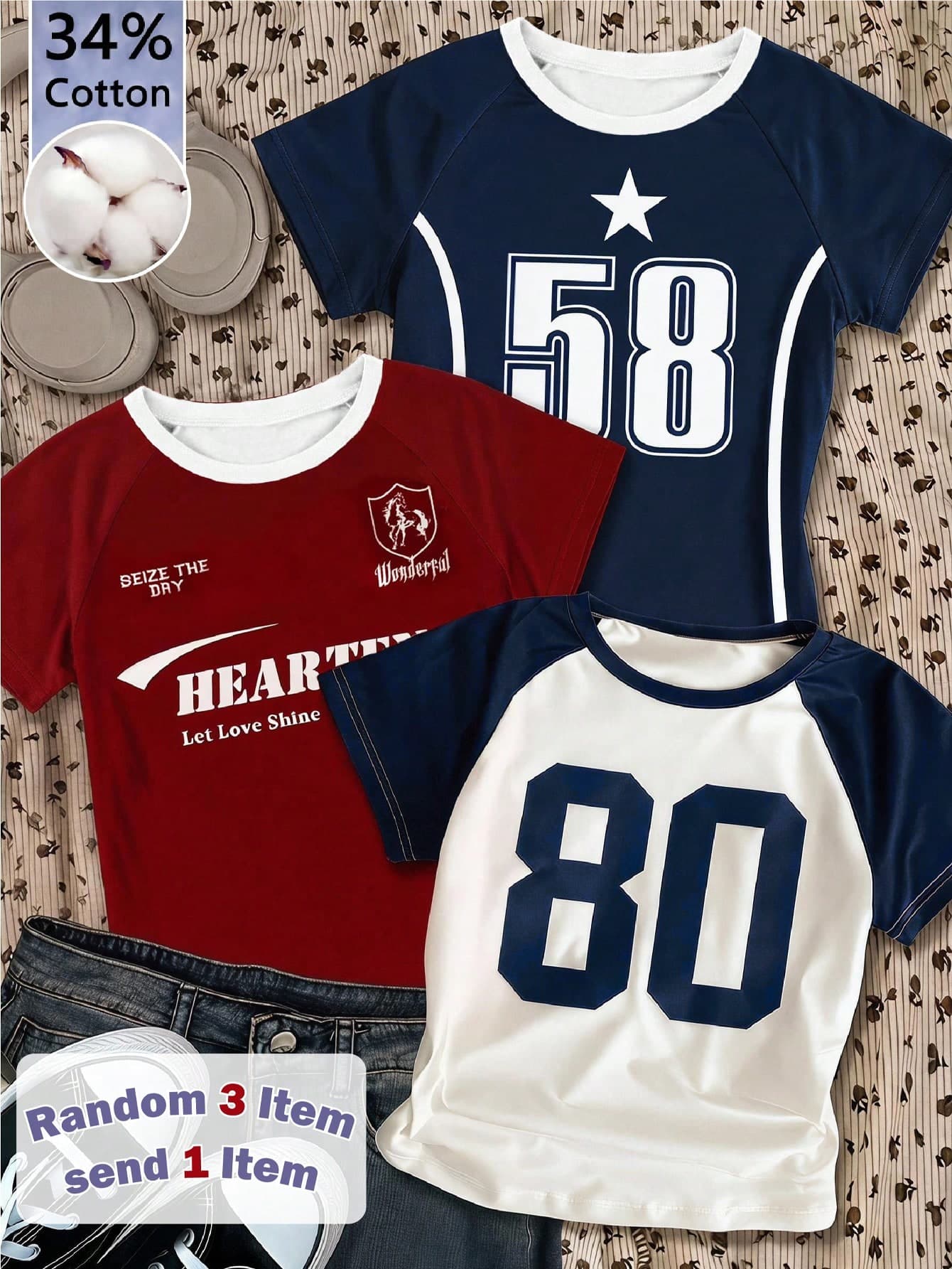 34%Cotton,3 Packs Spring & Summer Basic Printed T-Shirts For Teen Girls, Fresh Style With Versatile Spring,Random 1 Item