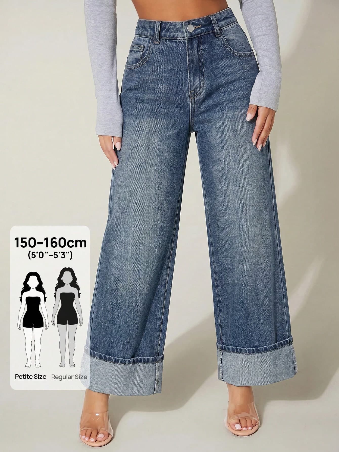 SHEIN PETITE Women's High Waist Wide Leg Denim Pants, Casual Everyday Summer Streetwear Vintage Dark Wash Retro Night ,Petite Women
