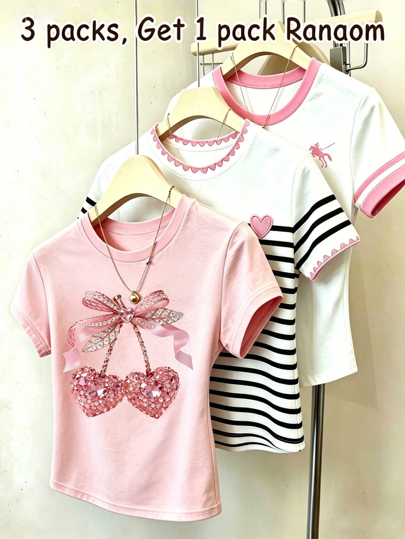 SHEIN Tween Girl 3-In-1 Blind Box Randomly Shipped 1pc Sweet Style Contrast Color Short Sleeve T-Shirt, Faux Cherry Blossom Pink Rhinestone Bow Print Cropped Top, Black & White Striped Heart Faux Embroidery Lace Pattern Print T-Shirt, Creamy White & Pink Collar Knight Logo, Versatile Design, Spring/Summer Daily Preppy Style, Outdoor Sports Essential
