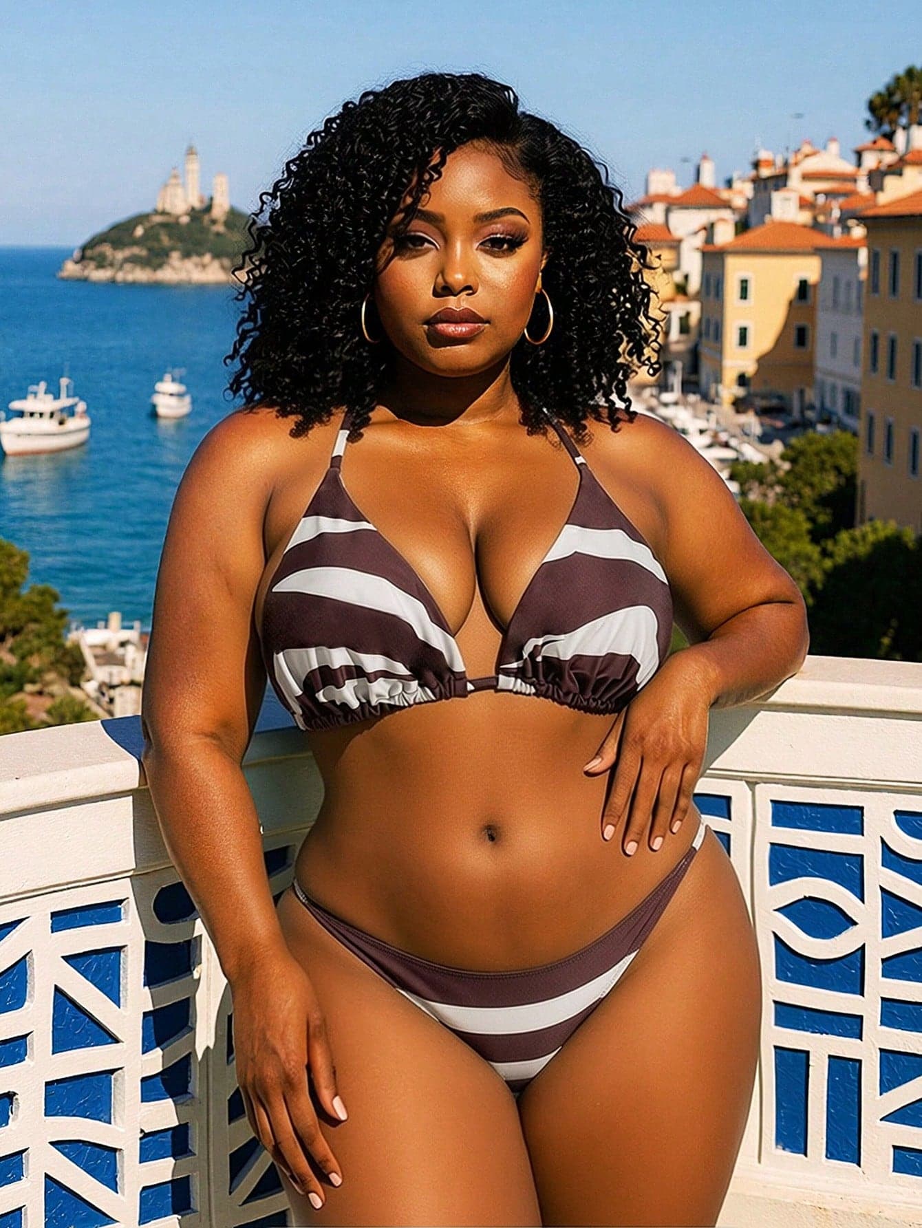 Slaydiva Plus Size Women's Summer Beach Beach Vacation Colorblock Halter Neck Tie Sexy Bikini And Triangle Bottom Two-Piece Swimsuit Set White