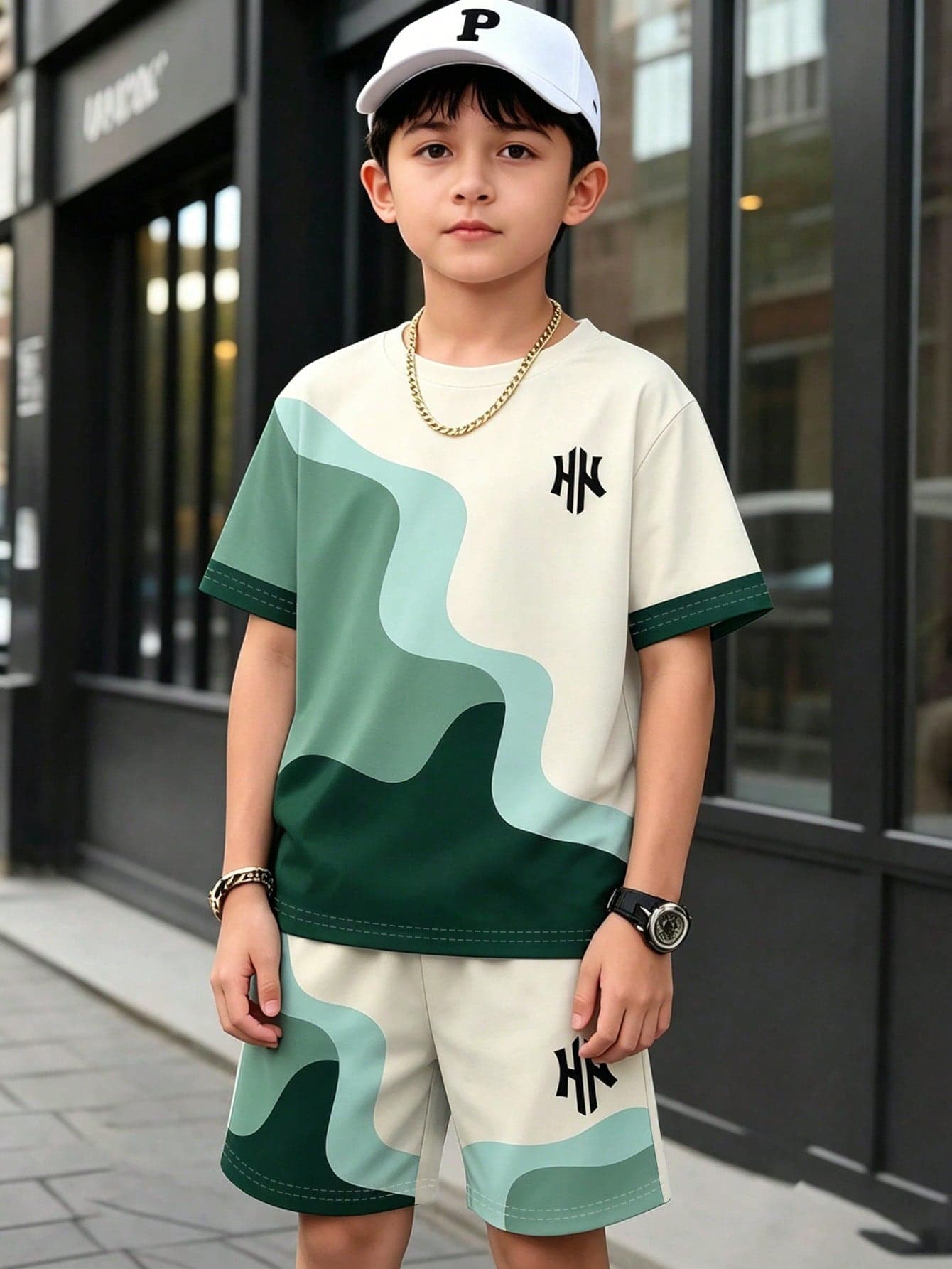 1 Set Cool Boy's Colorblock Patchwork Short Sleeve Outfit, Layered Dark And Light Green Wave Print With Beige Base, Unique Logo Accents On Top And Bottom. Loose Round Neck Cut Not Tight On Neck, Wide Leg Shorts For Unrestricted Movement, Suitable For Daily Outings And Casual Sports, Easily Create A Handsome Little Boy's Summer Look.