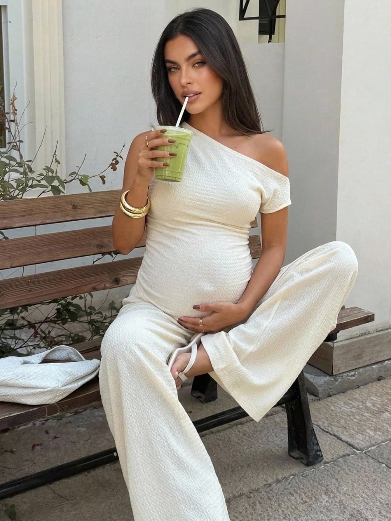 SHEIN Summer Outfit,Maternity Elegant Business Casual Solid Color Minimalist Asymmetric Neck Top And Pants 2 Pieces Set, Photoshoot White Photoshoot