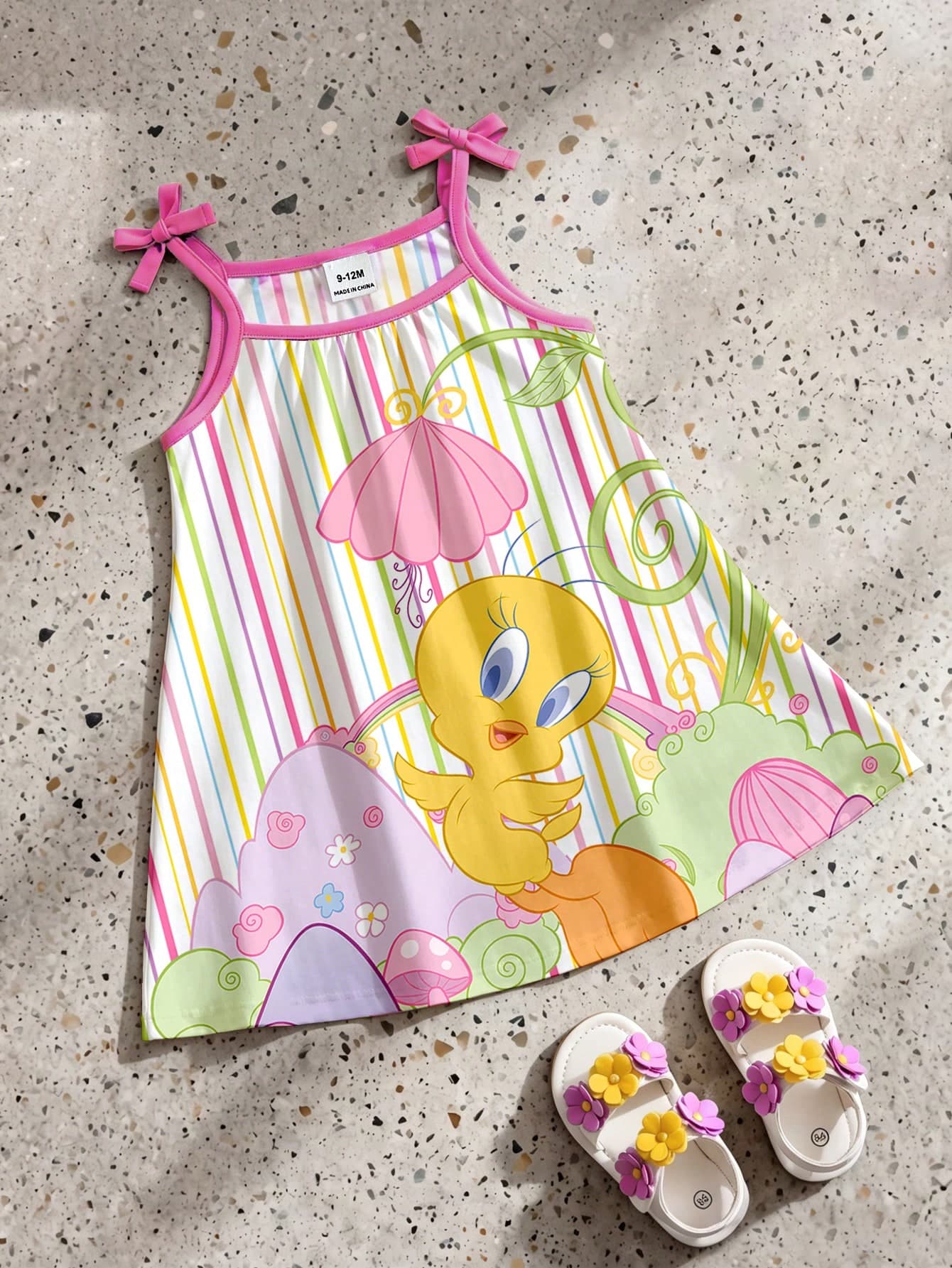 LOONEY TUNES X SHEIN GraphicGems Baby Girl Colorful Striped Bowknot Sleeveless A-Line Dress