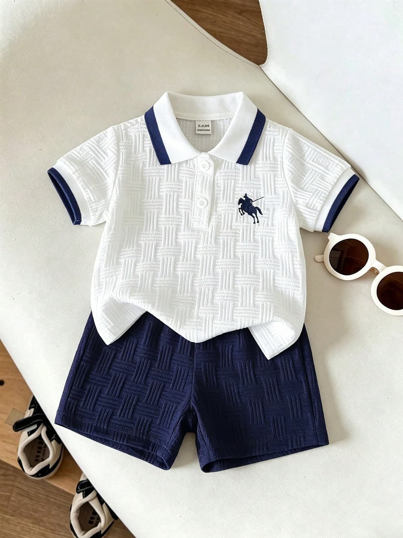 Souflis Souflis Baby Boy, Navy Blue Horse Print Summer Jacquard Polo Collar Short-Sleeved Short Pants Two Pieces Set.