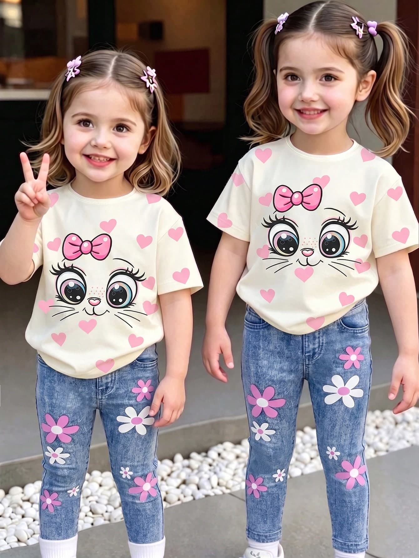 1 Set Baby Girls Sweet Cute Bow Heart Cat Pattern Casual Comfortable Round Neck Short Sleeve T-Shirt & Comfortable Casual Leggings, Suitable For Spring/Summer Daily Wear, Outdoor Activities, Summer Relaxed Comfortable Girls Outfit