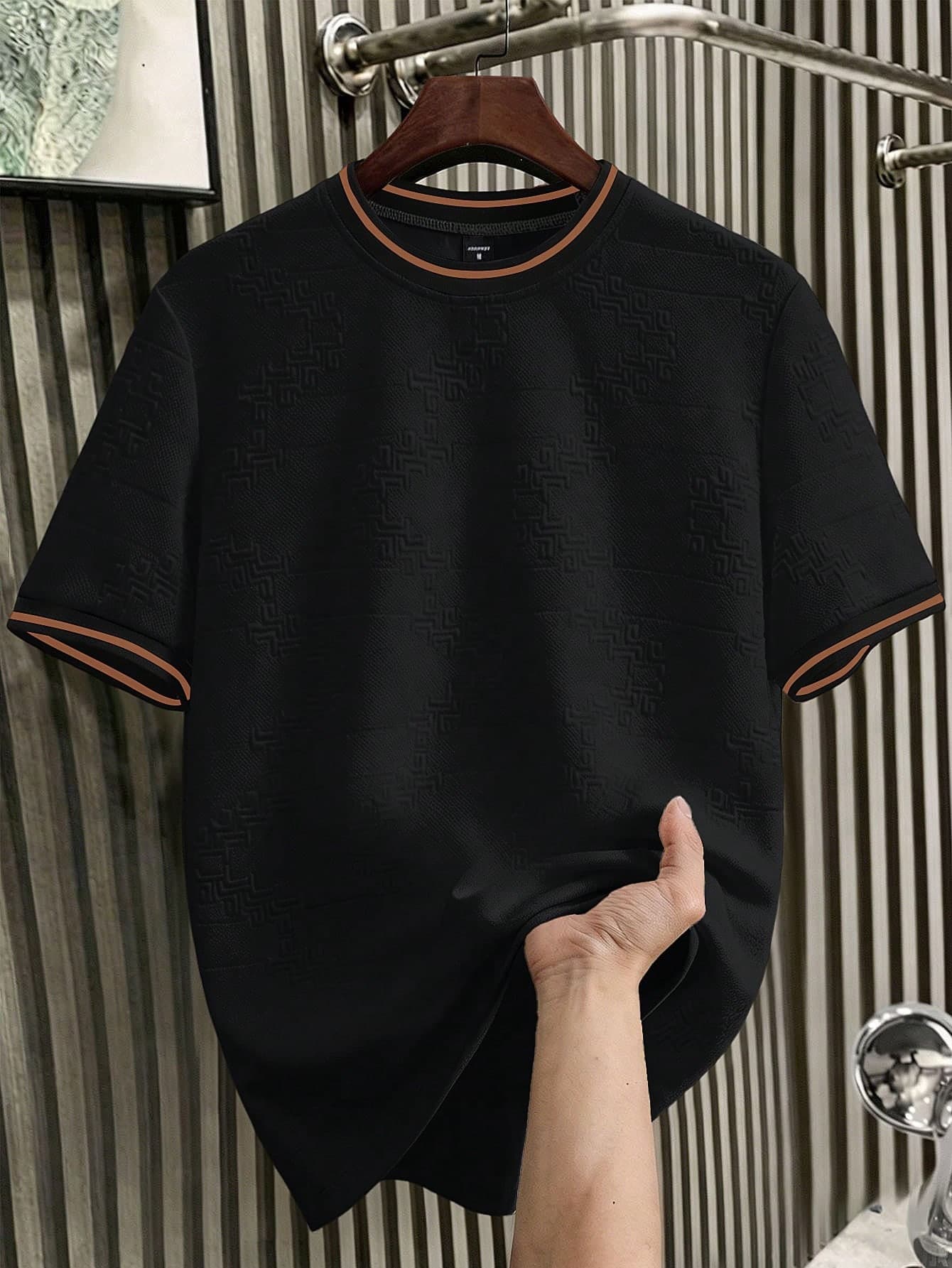 Manfinity Homme Men's Knitted Jacquard Solid Color Textured Collar & Cuff Ribbed T-Shirt