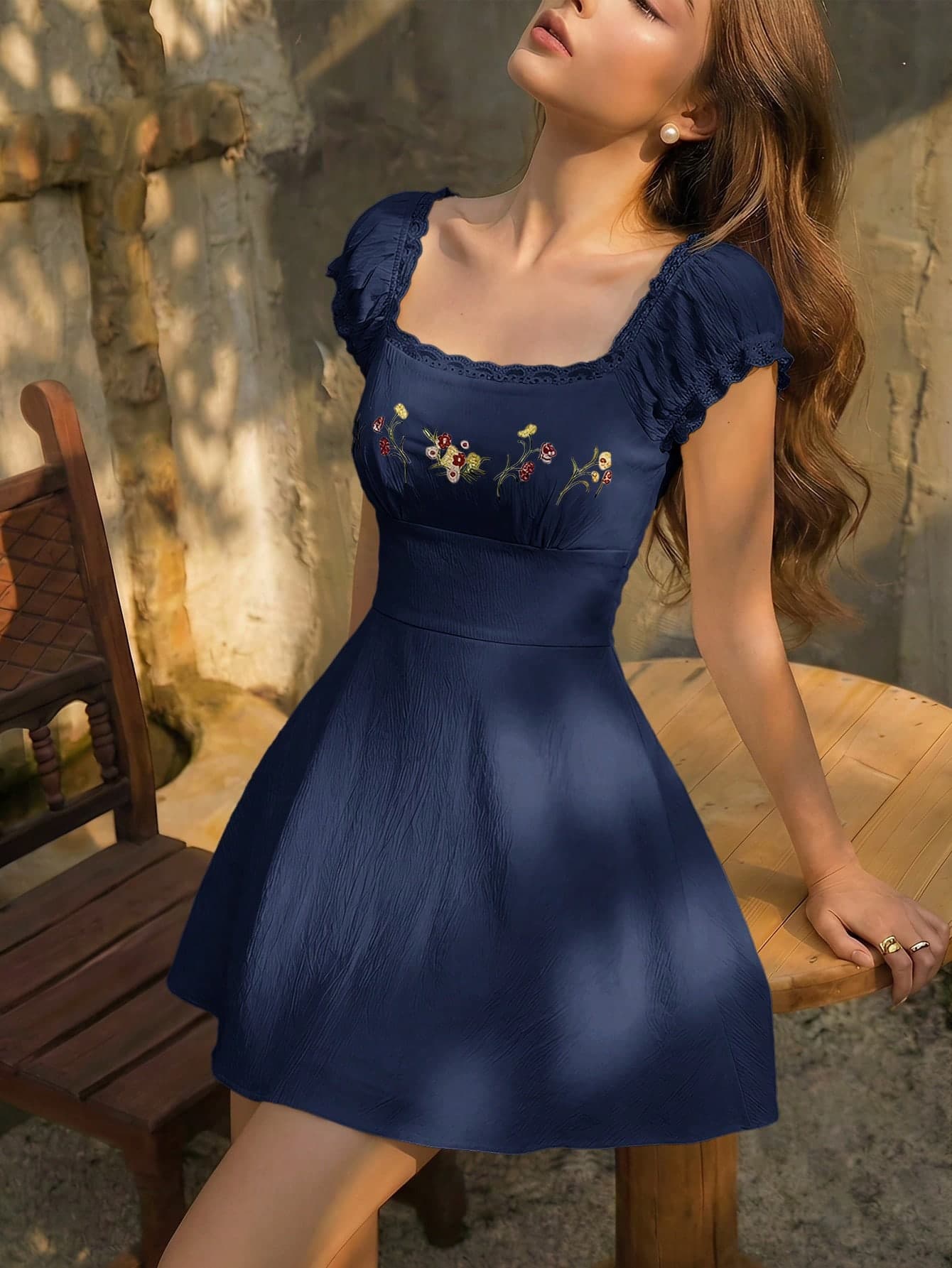 Skyraze Embroidered Shell Sleeve Frill Trim Fashion Mini Dress