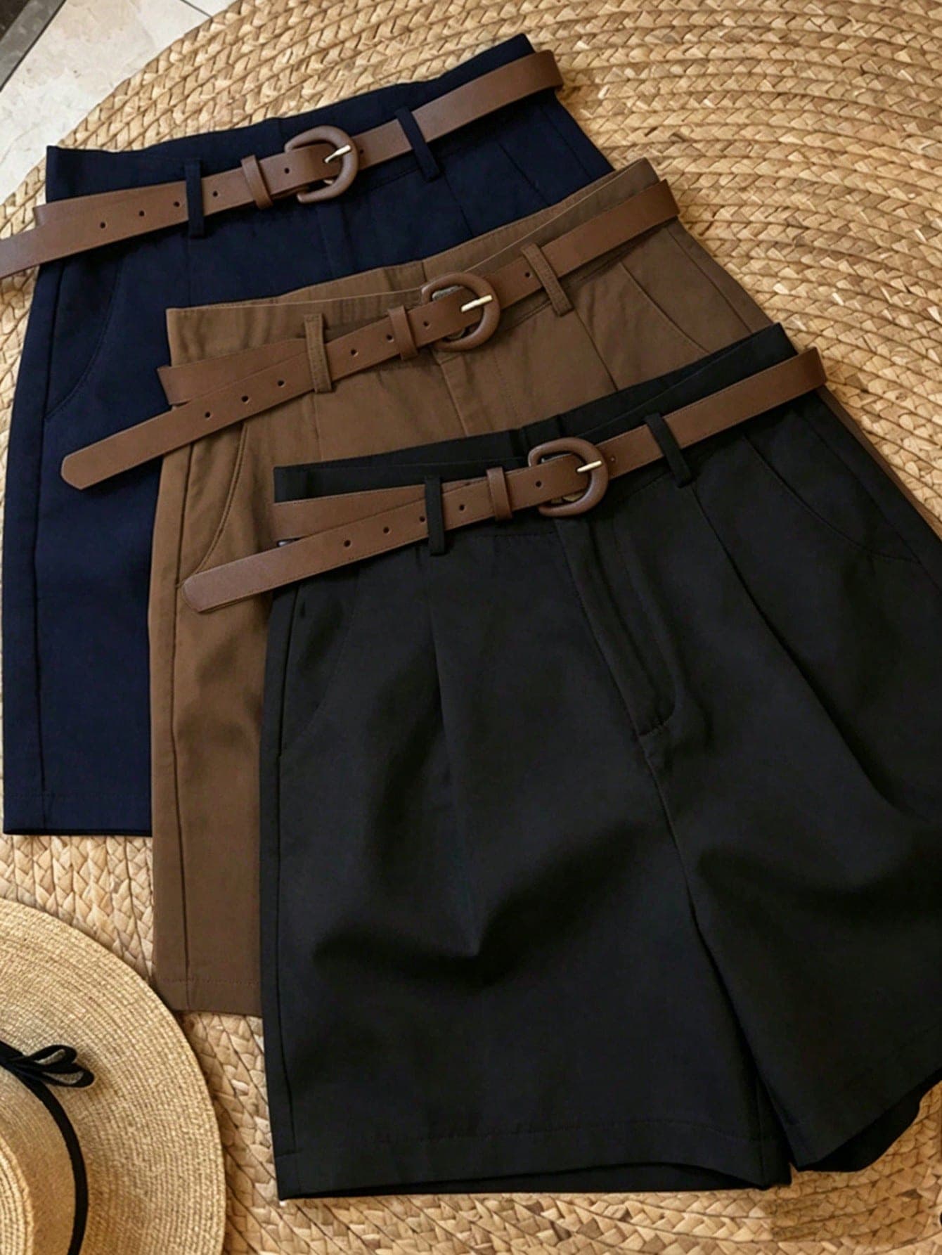 Resyla Women's Black White Coffee Shorts Casual Commute Business 3 Pieces Set (Belt Not Included)