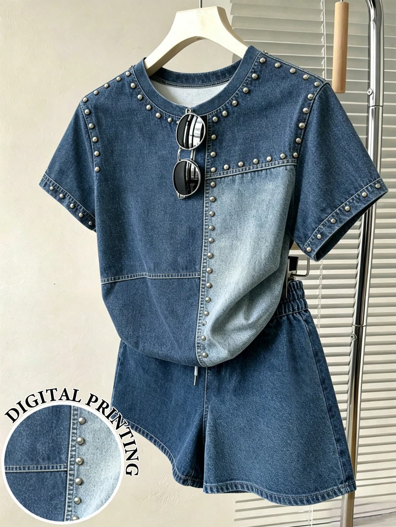 Resyla American Retro Women's Suit,Blue Summer Casual City Break Two-Piece Set,Loose Slim Denim Patchwork Short Sleeve Top & Shorts For Daily School