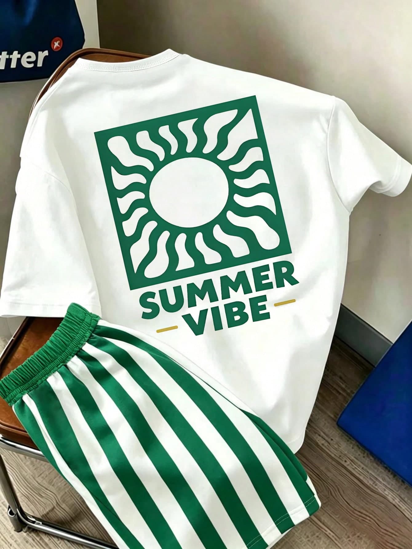SHEIN Teen Boys Digital Striped & Sun Summer English Graphic Short Sleeve Shirt And Shorts Set, Spring/Summer Casual Outdoor Sports Pattern Design