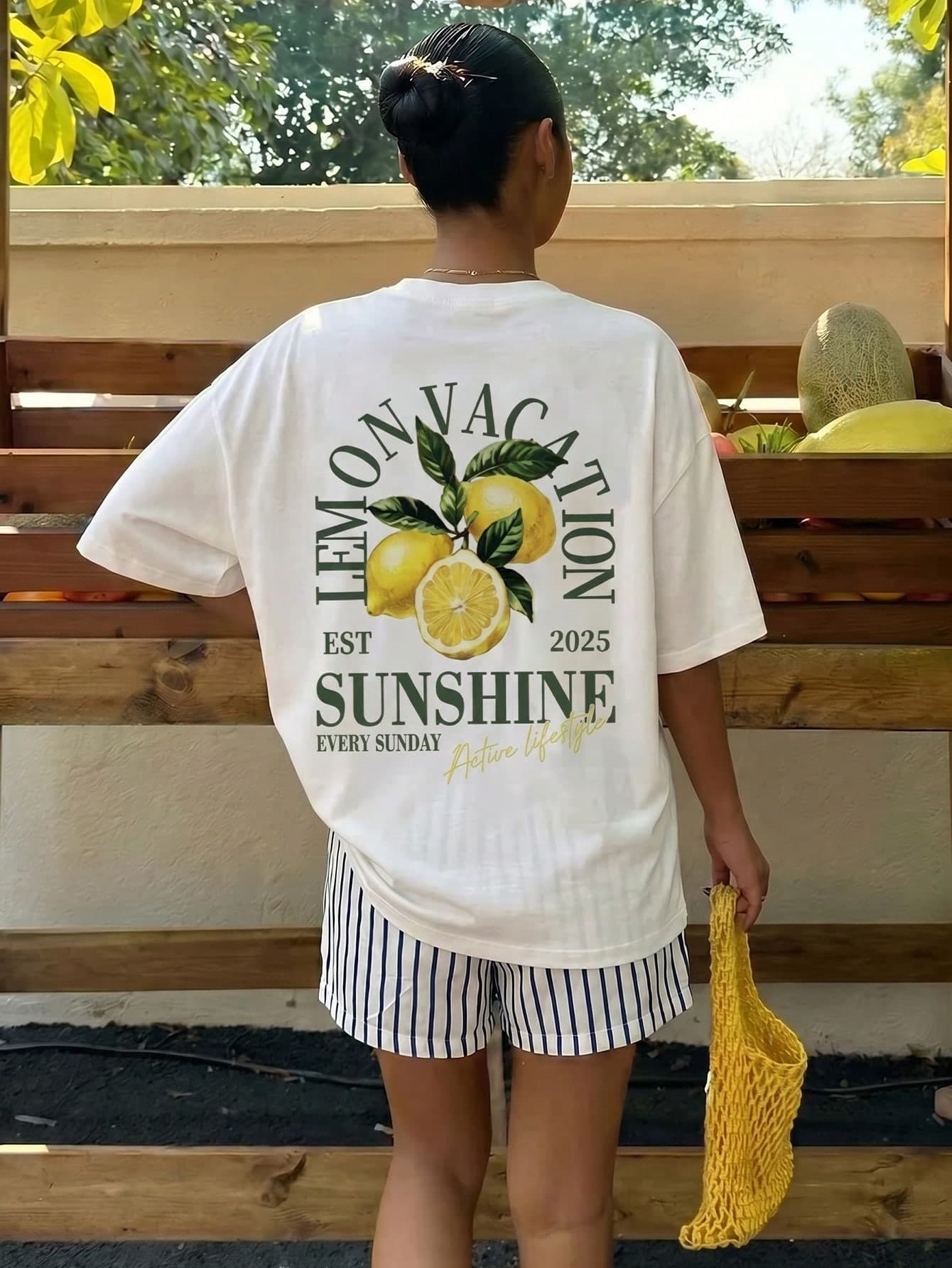 Vintage Vacation Style Lemon Outfit, Green & White Color Block, Seaside Playful Summer Dream, Teen Girl Casual Simple Loose Round Neck Short Sleeve T-Shirt Loose Shorts 2pcs Set Suitable For Spring/Summer Outdoor Picnic, Outing, Street Photography, Y2k, Music Festival, Bm,