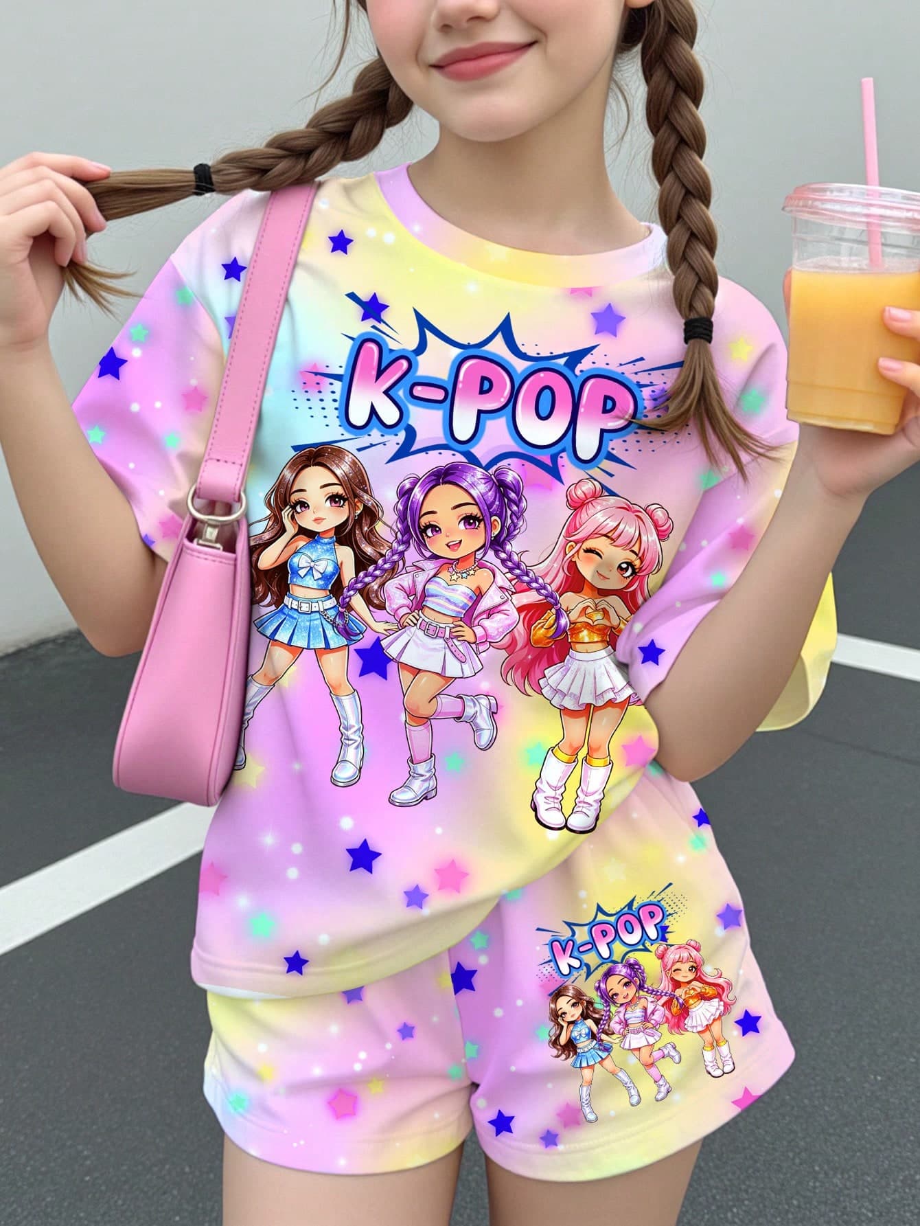 Kids Tween Girl Round Neck Letter Cartoon Print Short Sleeve T-Shirt And Shorts Casual Y2k Daily Holiday Outfit Pink Summer