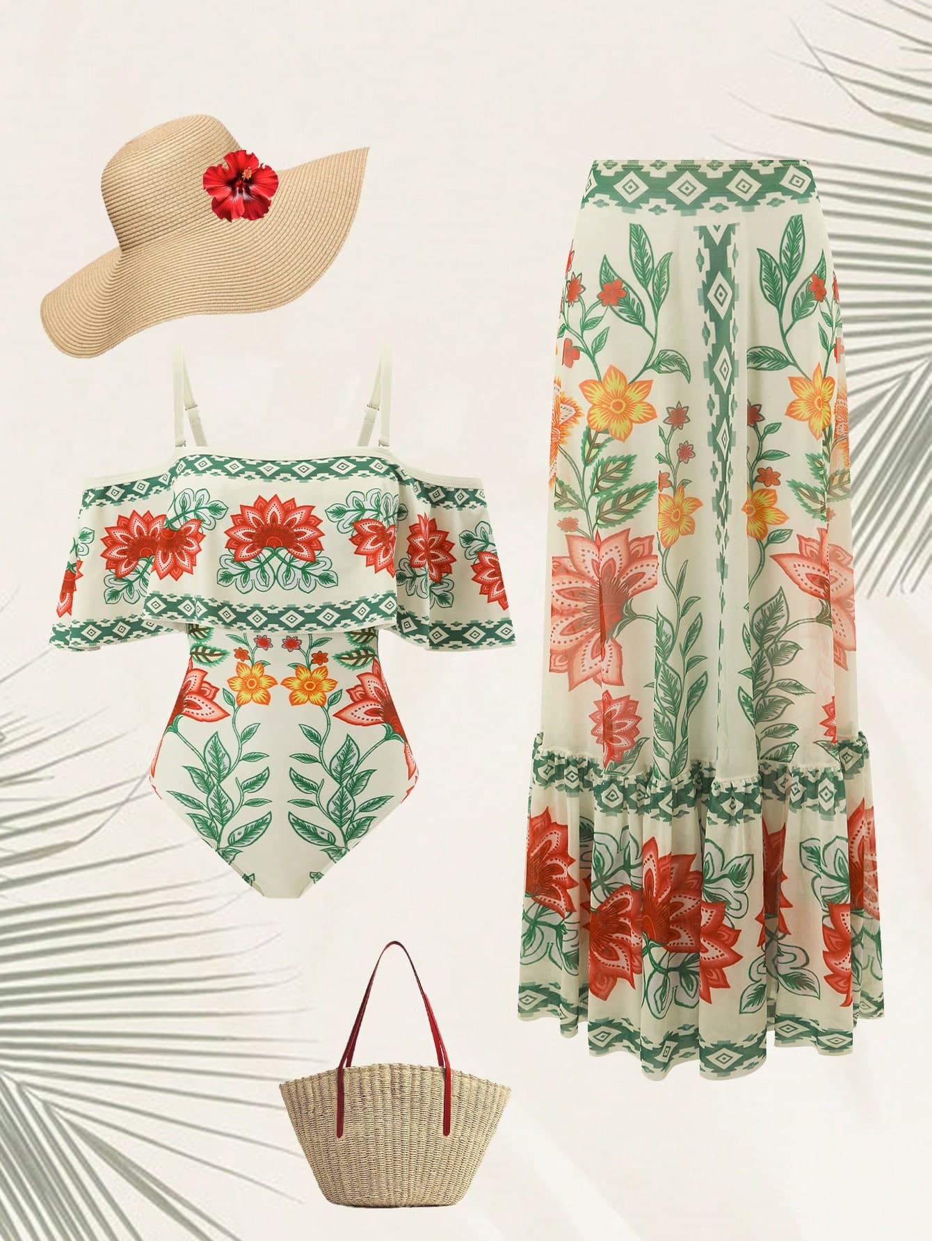 Swim Oasis 2026 Latest Spring/Summer Beach Clothing Beachwear Vacation Casual Plaid Large Floral Retro Print Sweet Elegant Plus Size Women's One-Piece Swimsuit Premium 2-Piece Set