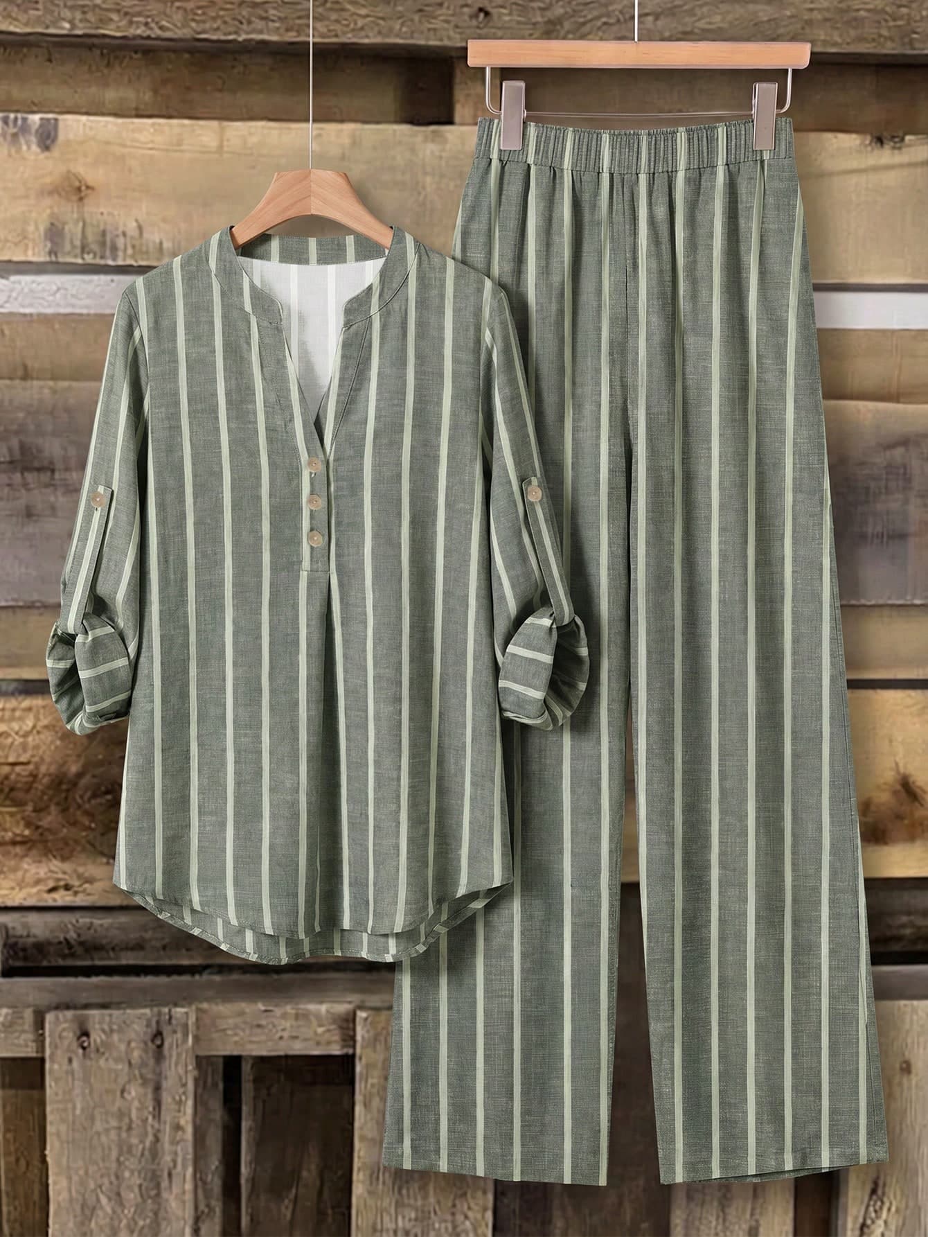 Rusticease Women's Vacation Casual Striped Shirt And Long Pants 2 Pieces Set