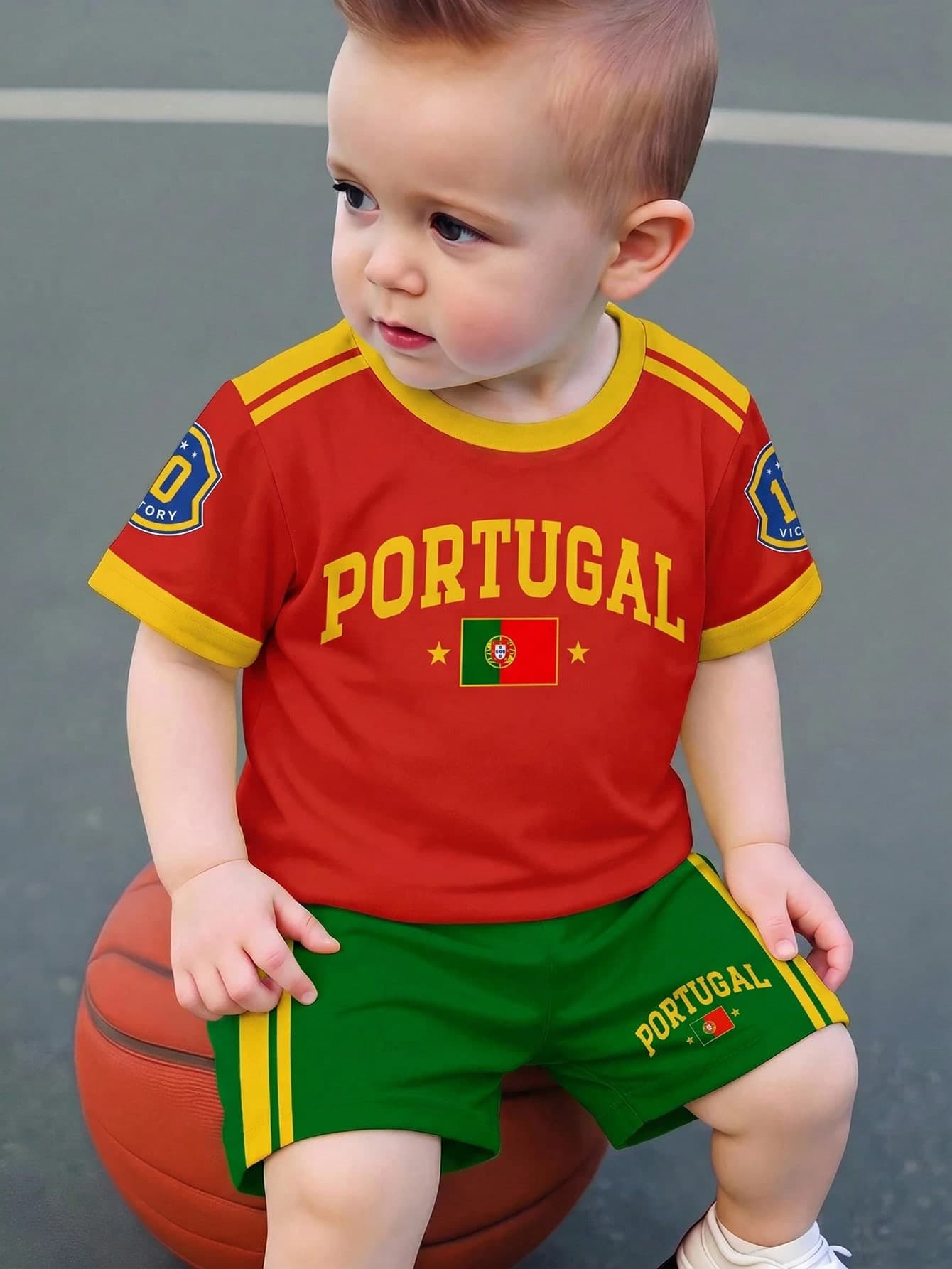 Kids Young Boy Casual Minimalist T-Shirt Set, Classic Football World Cup, Portugal Text Flag Print, Suitable For Football Sports
