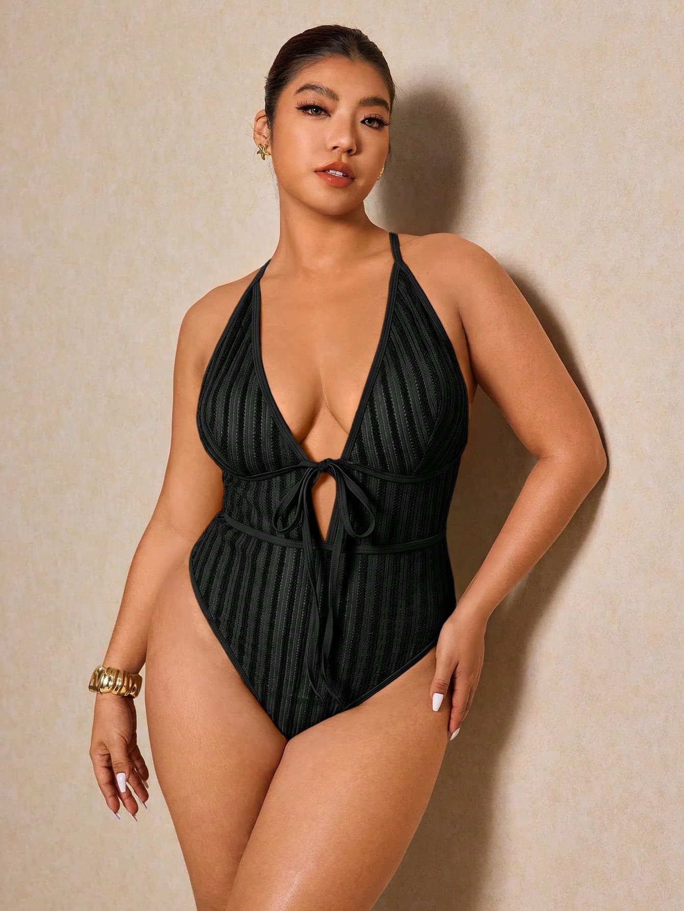 Elaquor Plus Size Women's Striped Deep V Sexy Spaghetti Strap One-Piece Swimsuit For Beach Vacation Beach Outfits Bathing Suits