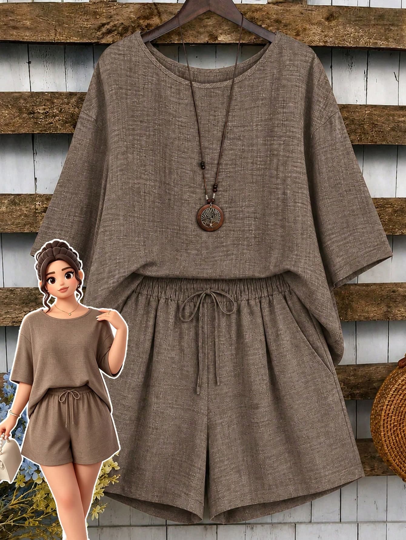 EMERY ROSE 2pcs Plus Size Women's Asymmetric Hem Round Neck 3/4 Sleeve Top And Loose Short Wide Leg Pants Set, Suitable For Casual Daily Wear